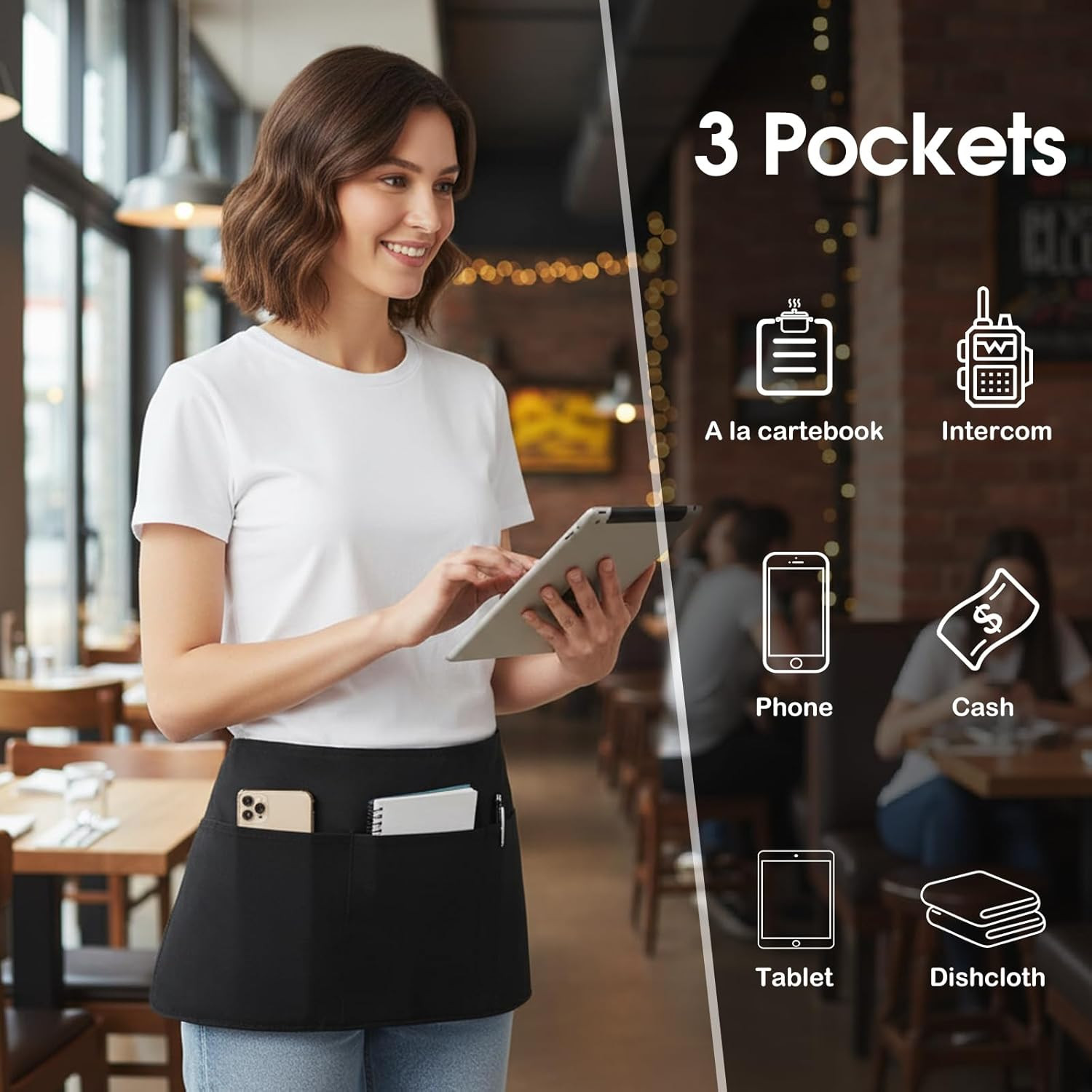 4 Pack Waitress Apron With 3 Pockets-Black Server Aprons-Waiter Short Half Waist