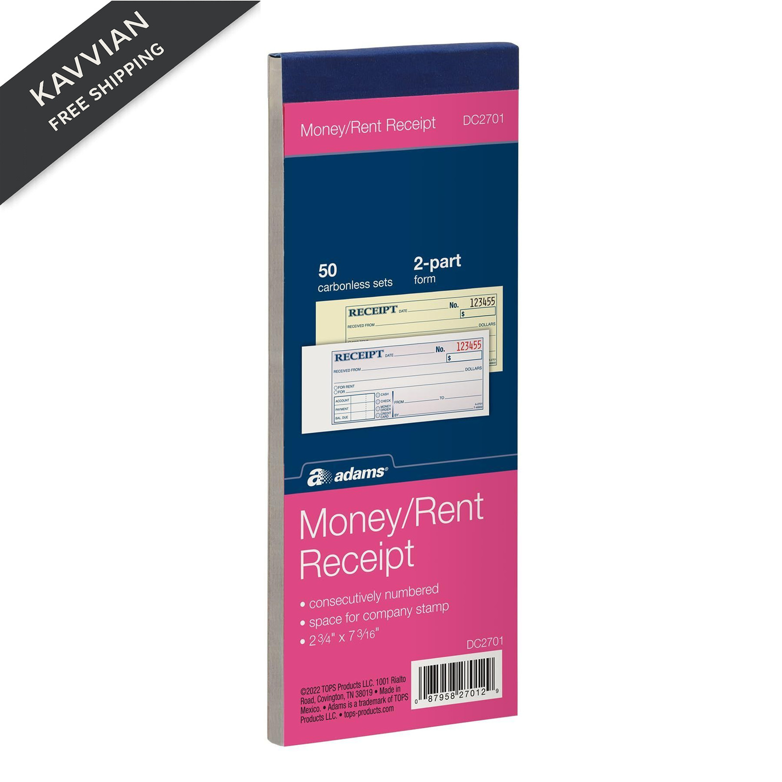 Adams Money and Rent Receipt Book, 2-Part, Carbonless, 2.75 x White/Canary
