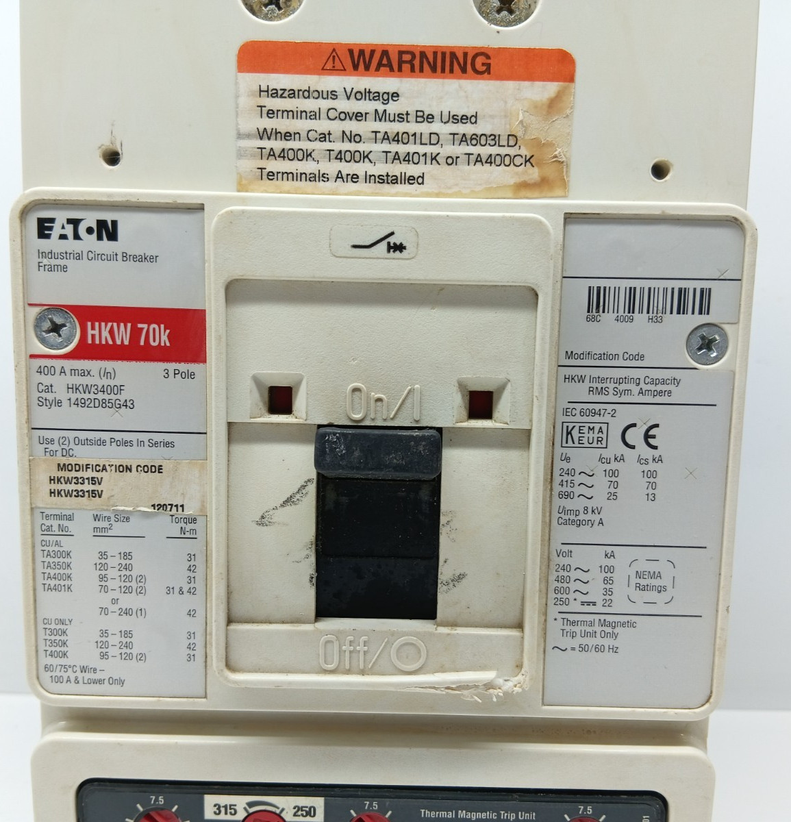 EATON HKW3400F 3 POLE 400 AMPS CIRCUIT BREAKER HKW 70K