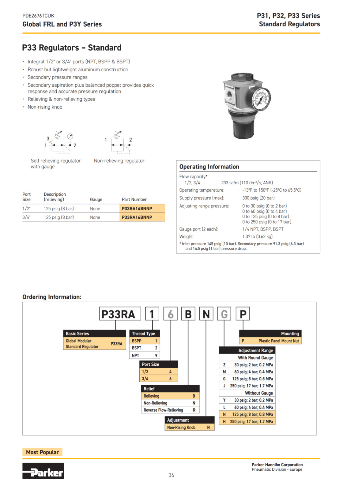 Parker P33RA96BNGP Pneumatic Regulator NPT 3/4″ 125 psig, 8 bar, 0.8 MPa