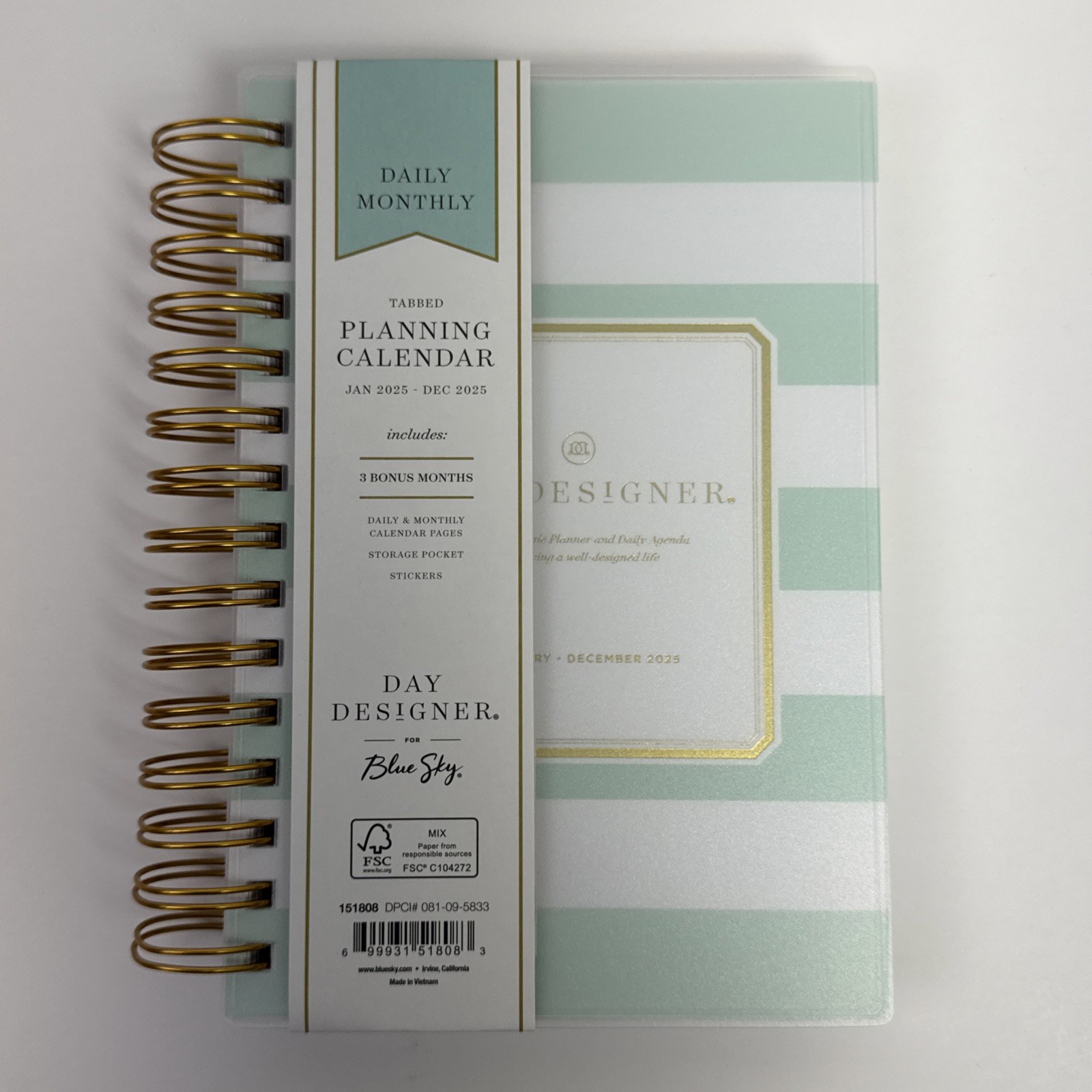 Day Designer 2025 Daily/Monthly Planner 8.15″x6.38″ Wirebound Rugby Stripe Mint