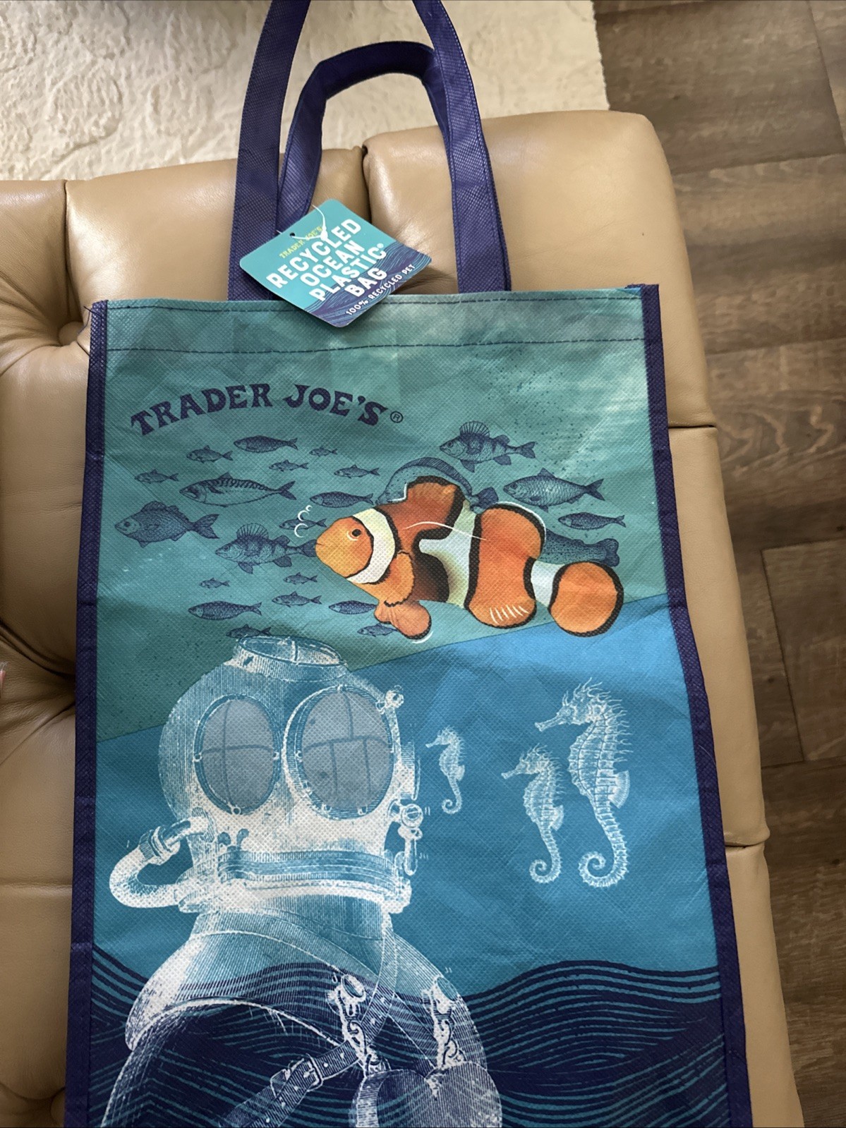 NWT Trader Joe’s Bag Reusable Shopping Ocean Theme Recycled Plastic Blue