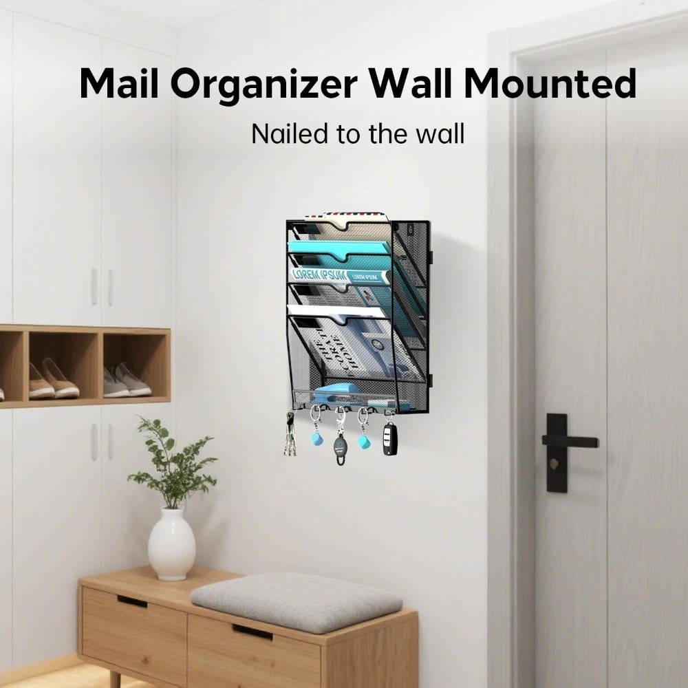 Wall Mounted Hanging File Organizer with 5 Tiers and 5 Hooks for Mail Papers