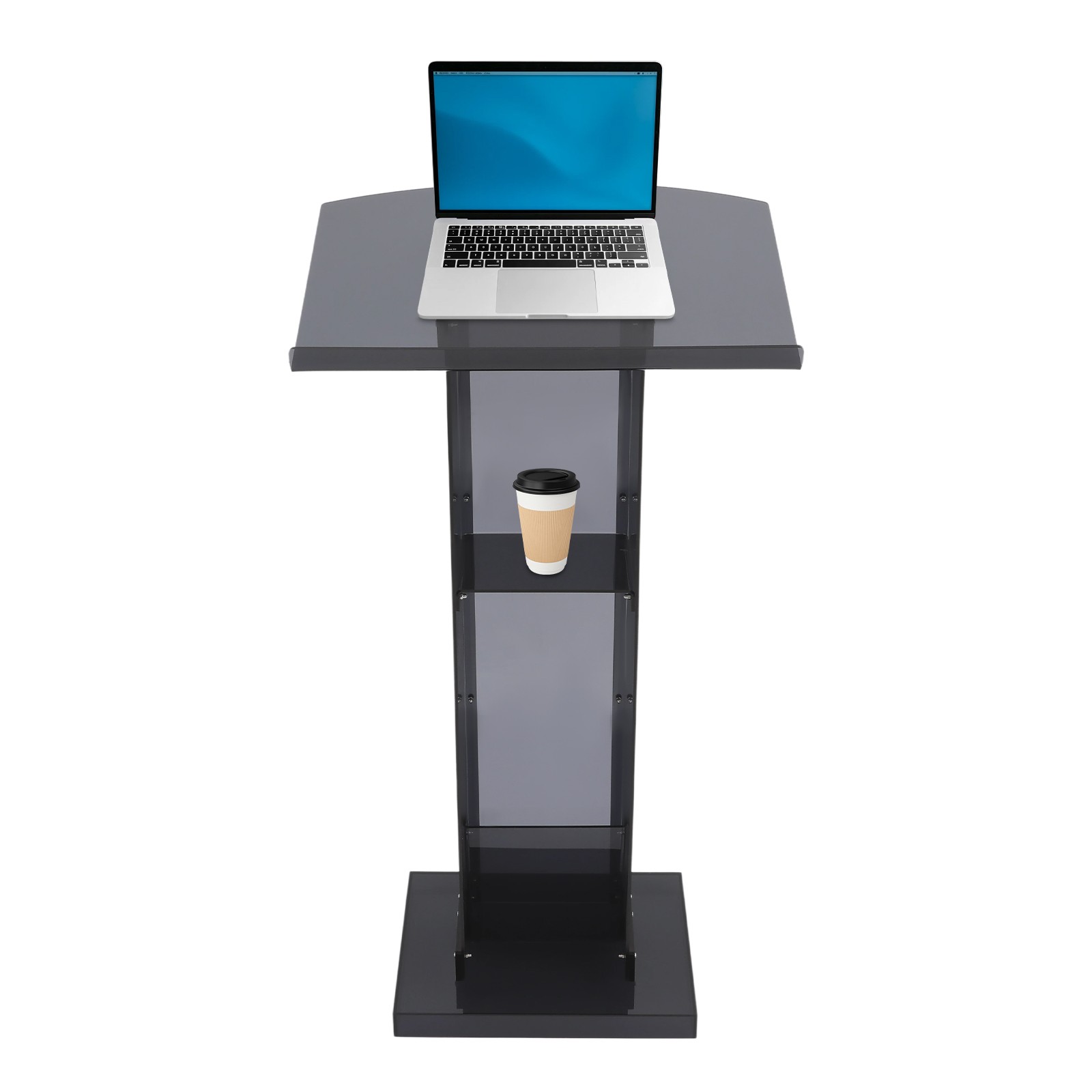 Acrylic Podium Stand, Floor Standing Portable Pulpits with Storage Shelf Black