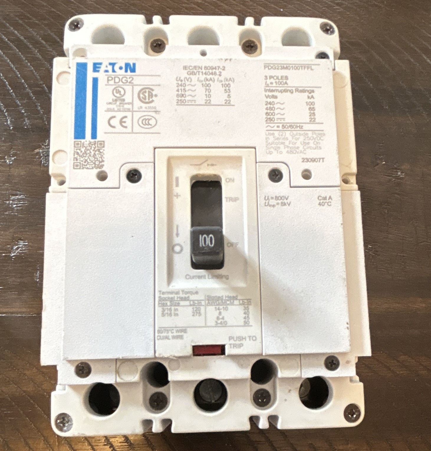 Eaton PDG2 PDG23M0100TFFL 100A 3-Pole Circuit Breaker 240-600v trip ind