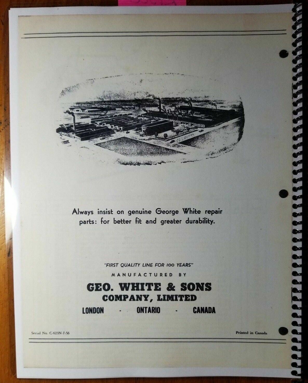 George White K-56 K-95S Manure Spreader Parts List Catalog Manual C-623N 7/56