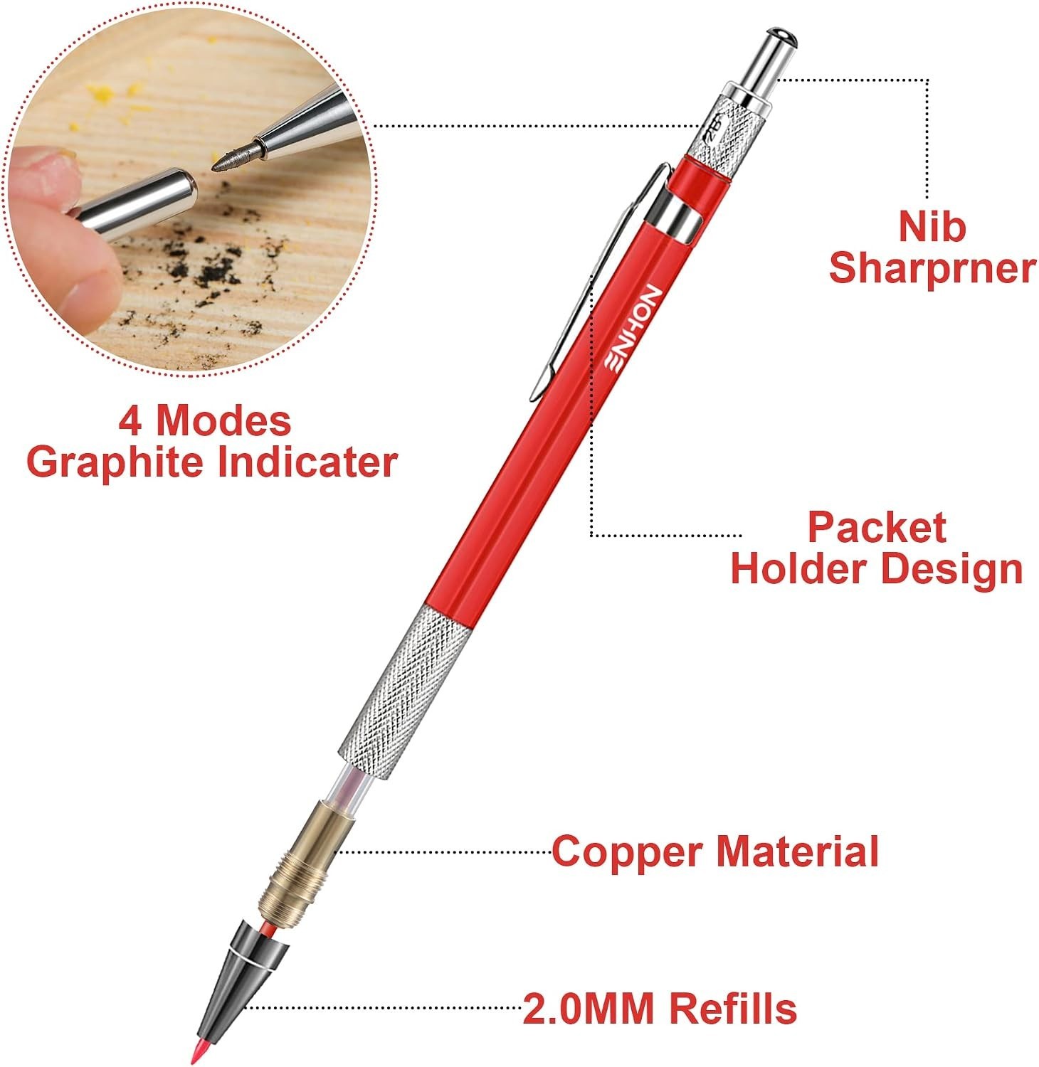 4 Pack Carpenter Pencil Set with Sharpener, Black/Red/Yellow | 45mm Deep- Tip…
