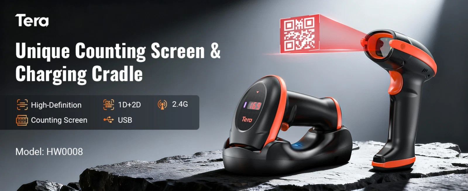 Tera Pro Series Wireless 1D 2D QR Barcode Scanner with Cradle Display HW0008