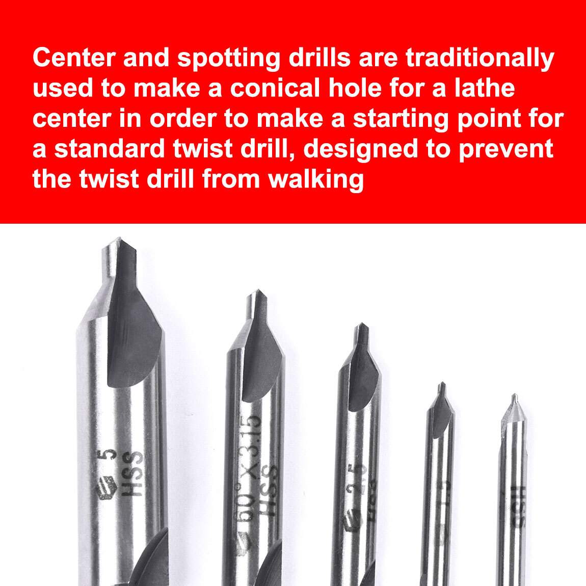 5-Piece HSS Center Drill Bits Set #1-#5, 60° Angle for Lathe & Metalworking