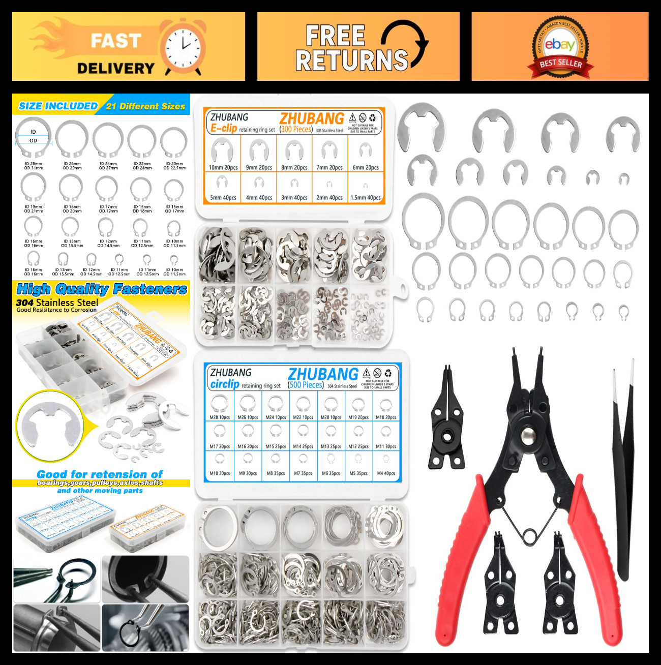 800Pcs C-Clip & E-Clip Assortment Kit, Snap Rings, 304 Stainless Steel + Plier S