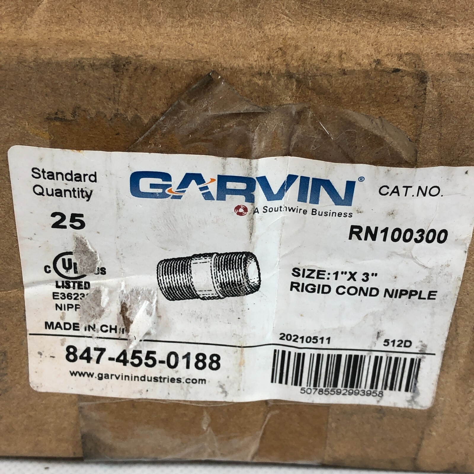 GARVIN/Southwire RN100300 – Box of 25- GALVANIZED Rigid Nipples 1″ x 3″
