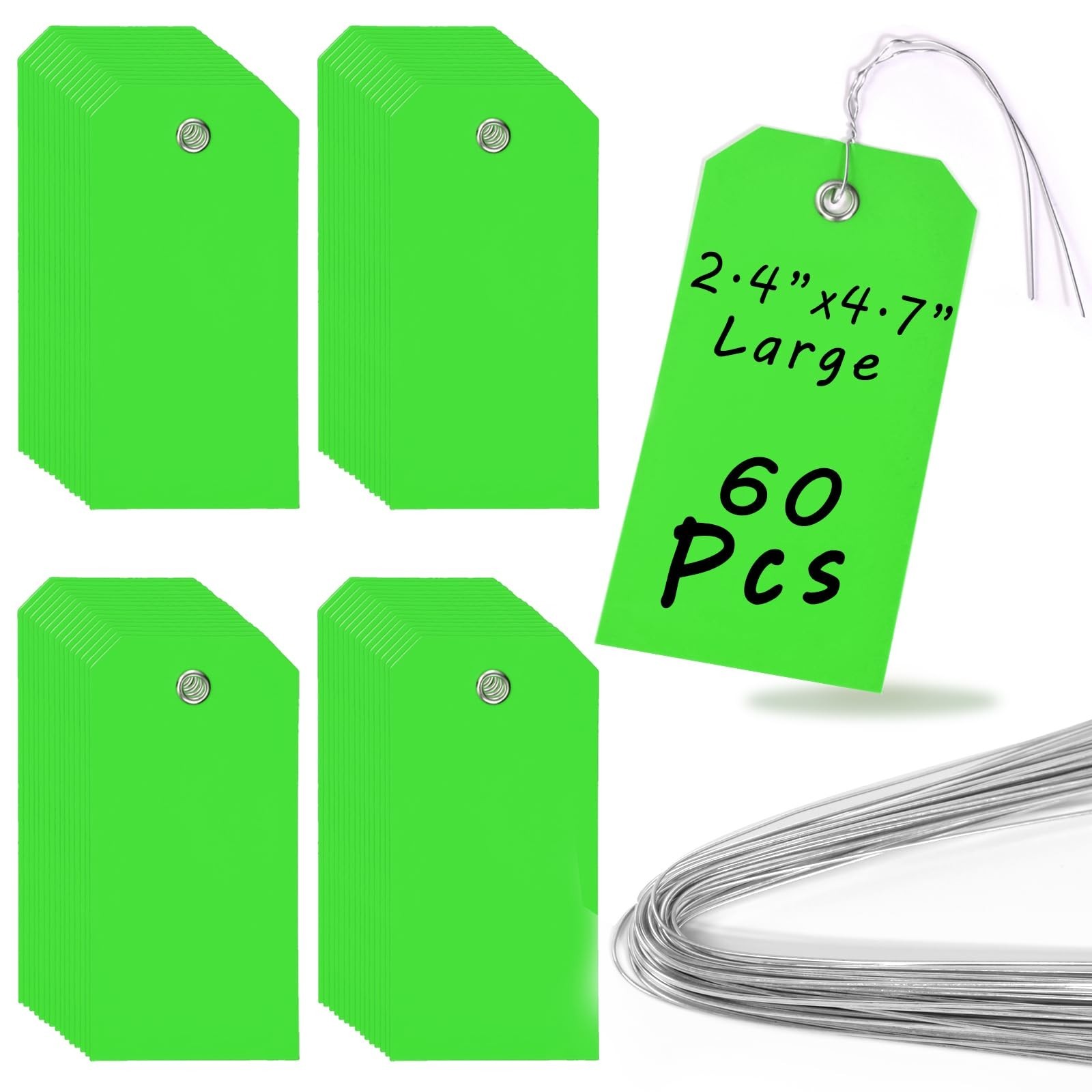 60Pcs Green Plastic Shipping Tags with Wire Ties Waterproof Blank 4.75 x 2.38 In