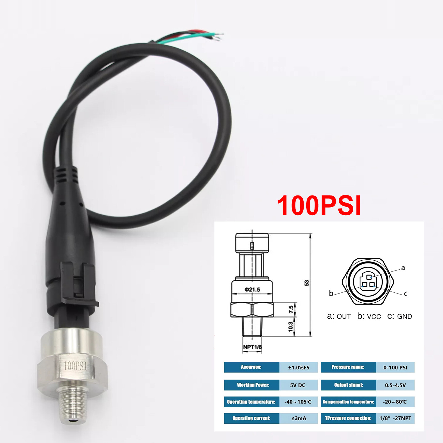 5V Pressure Transducer or Sender 30psi-1600Psi for Fuel Diesel Oil Air Water