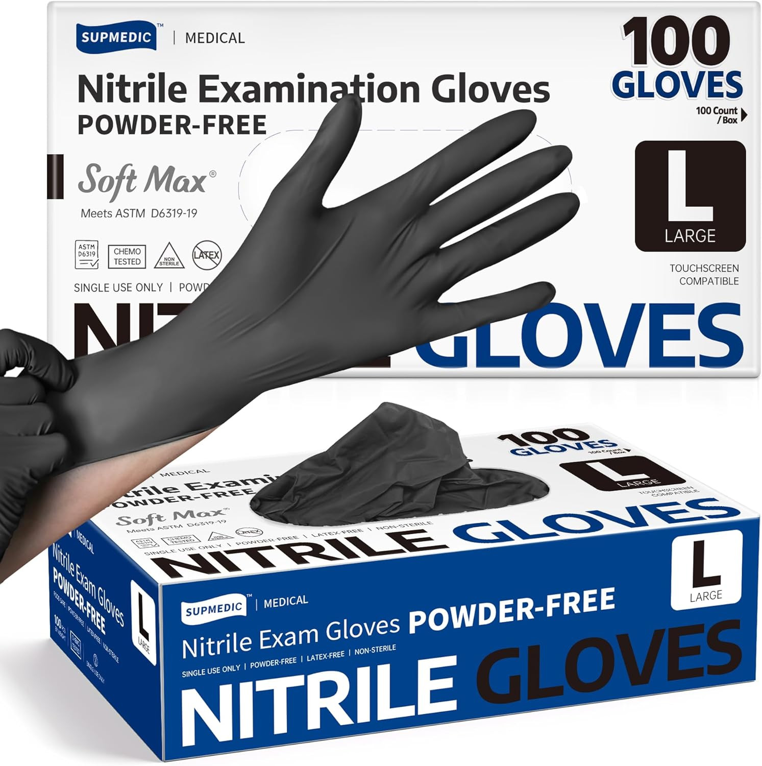 Supmedic Medical Soft Max™ Black Nitrile Disposable Gloves, 100 Pcs, Latex-Free
