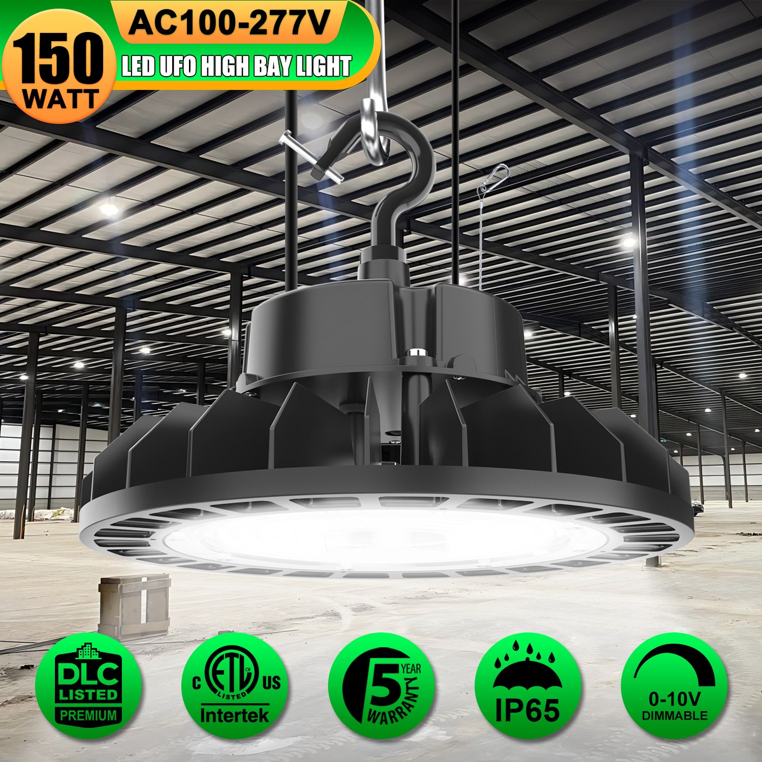 UL 150W UFO Led High Bay Light Commercial Warehouse Shop Fixture 5000K 22,500LM