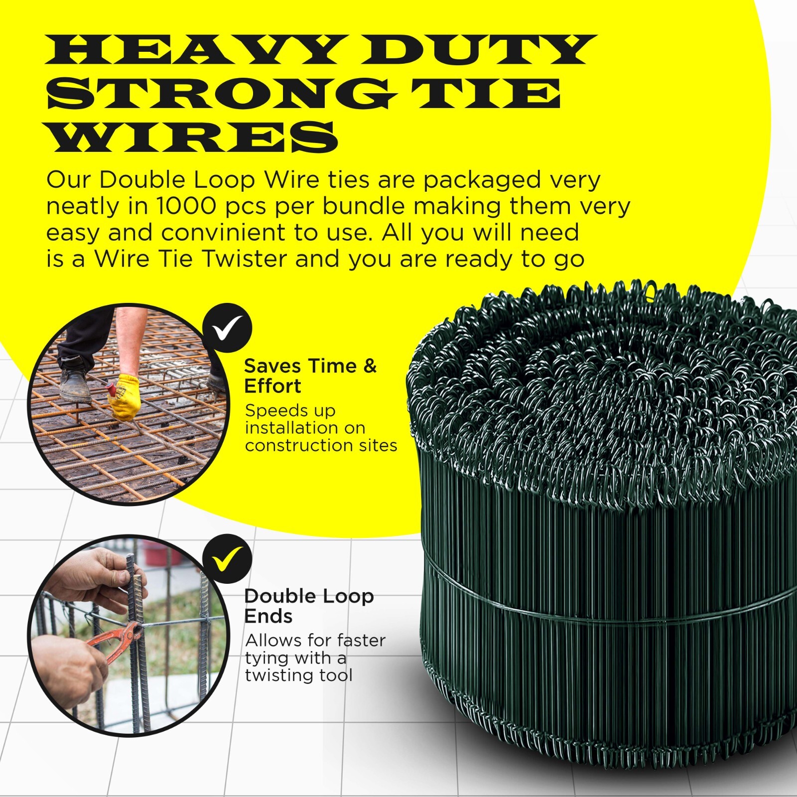 6 Inch x 1000pc GREEN PVC COATED Double Loop Rebar Wire Tie, 16 Gage, SIMBASTEEL