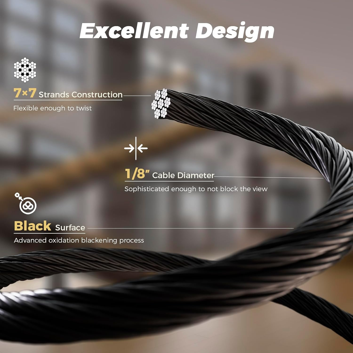 WAYSKA 500FT 1/8″ T316 Black Stainless Steel Cable, Black Wire Rope Aircraft Cab