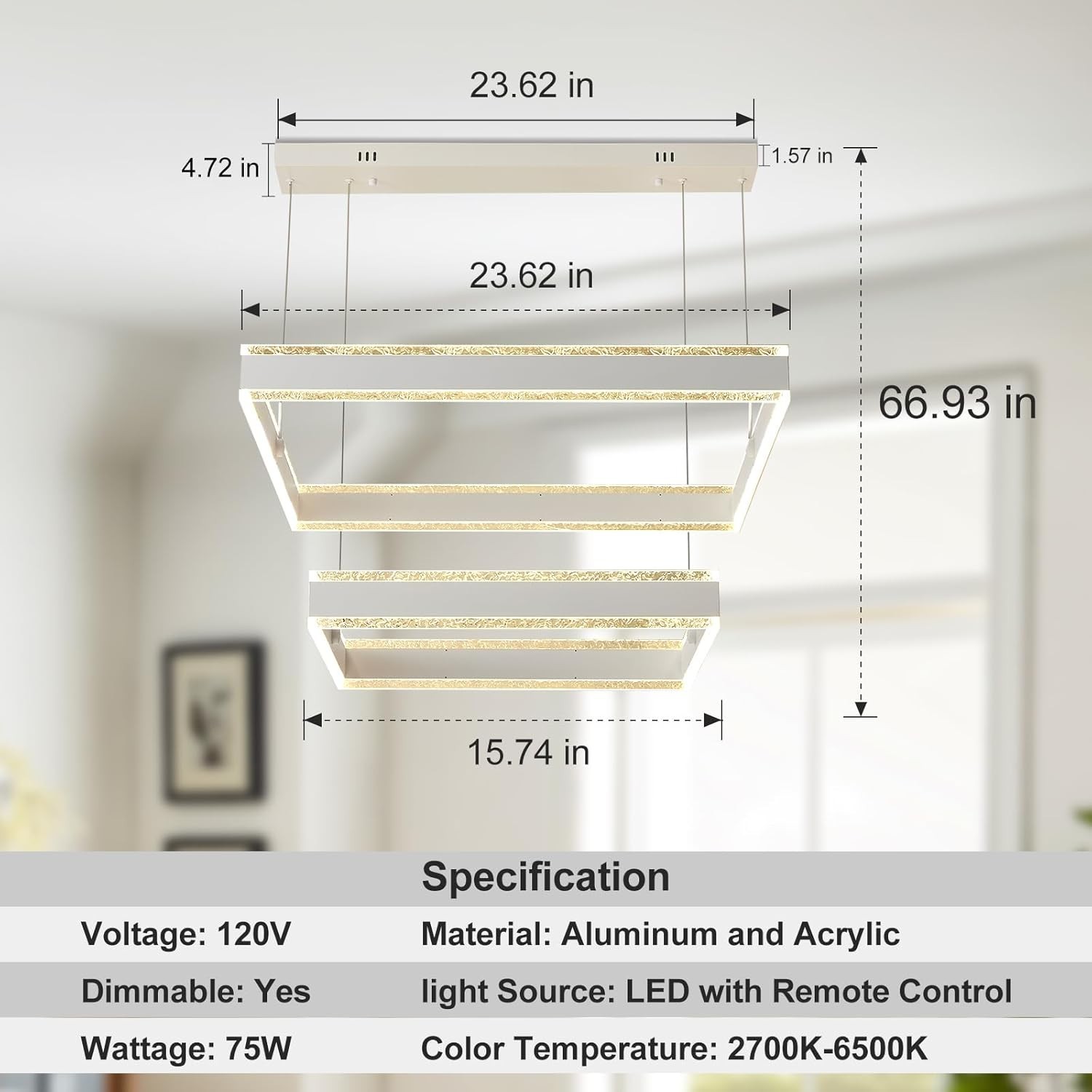 White Square 2-Ring LED Chandelier Dimmable Ceiling Light w/ Remote Control