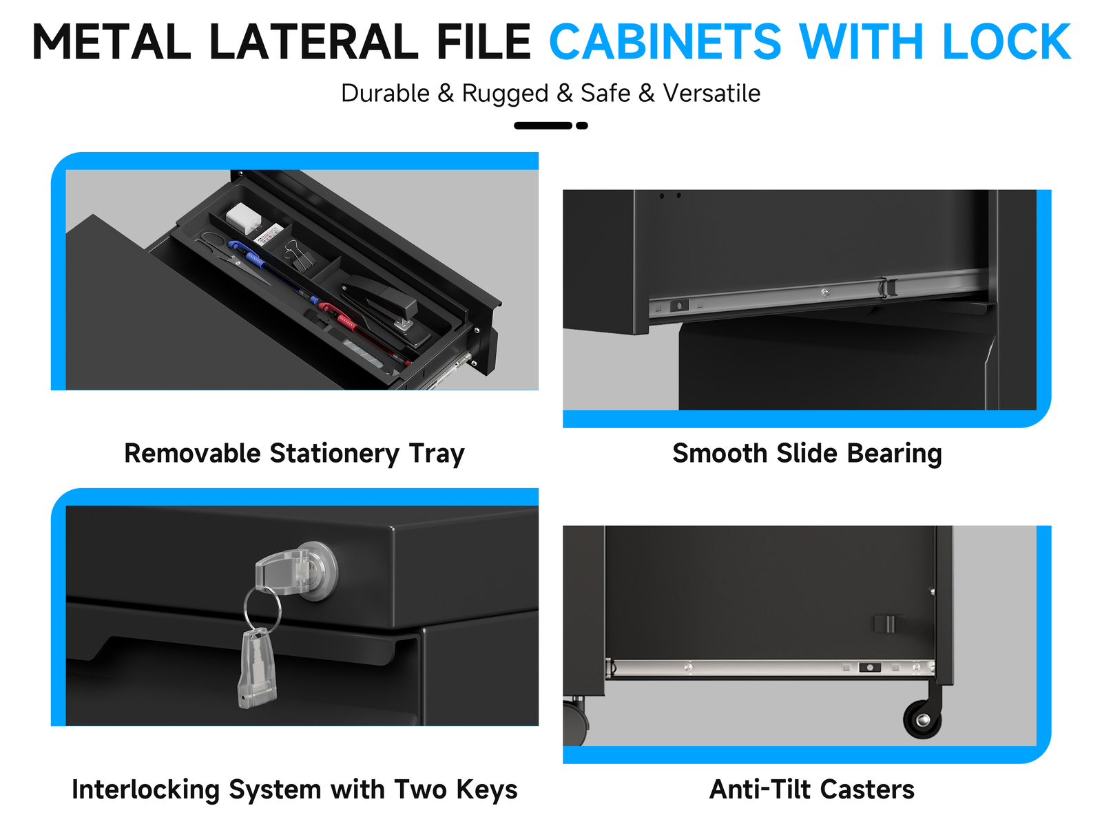 3 Drawer File Cabinet with Lock,Office Under Desk Rolling Filing Cabinet Storage