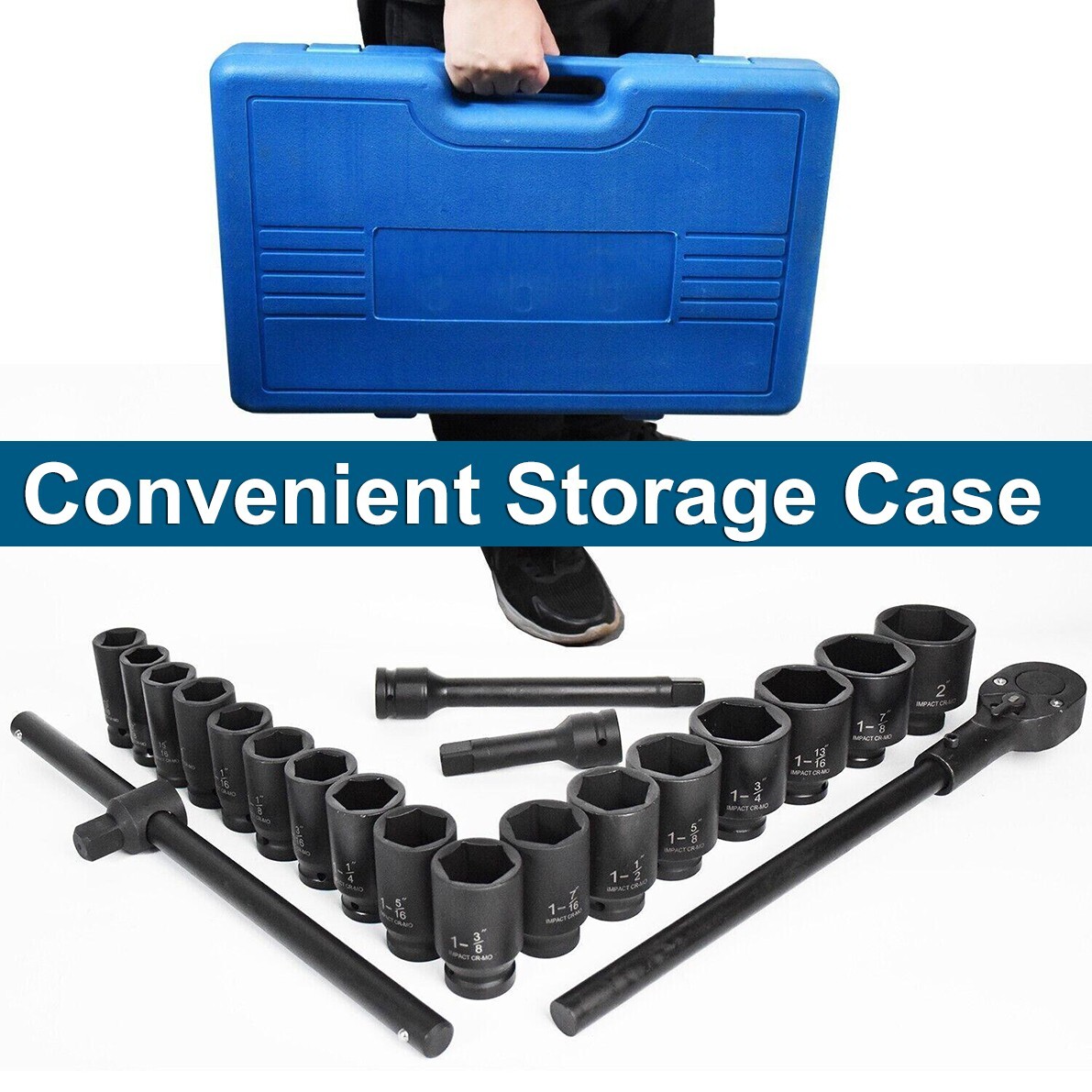 22Pcs Impact Socket Set 3/4″ Drive Deep SAE Cr-Mo Extension Bar Sliding T-Bar