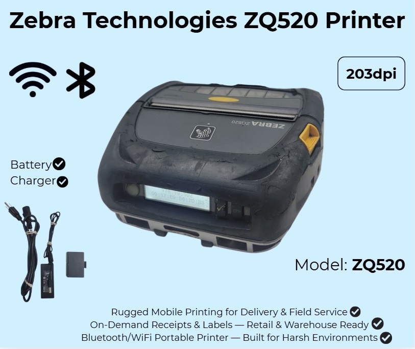 Zebra ZQ520 Rugged Mobile Thermal Printer Bluetooth WiFi ZQ52-AUE0000-00