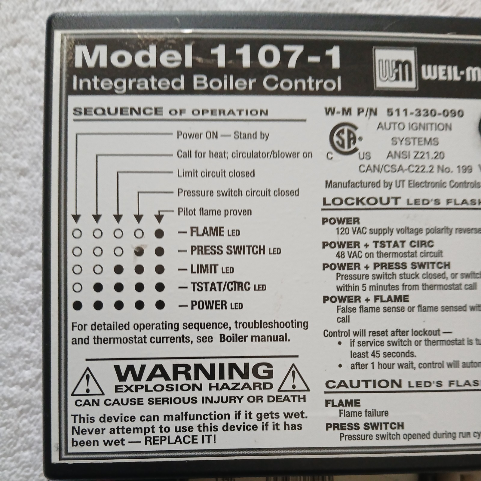 Weil McLain 1107-1 Integrated Boiler Control Module Model 511-330-090