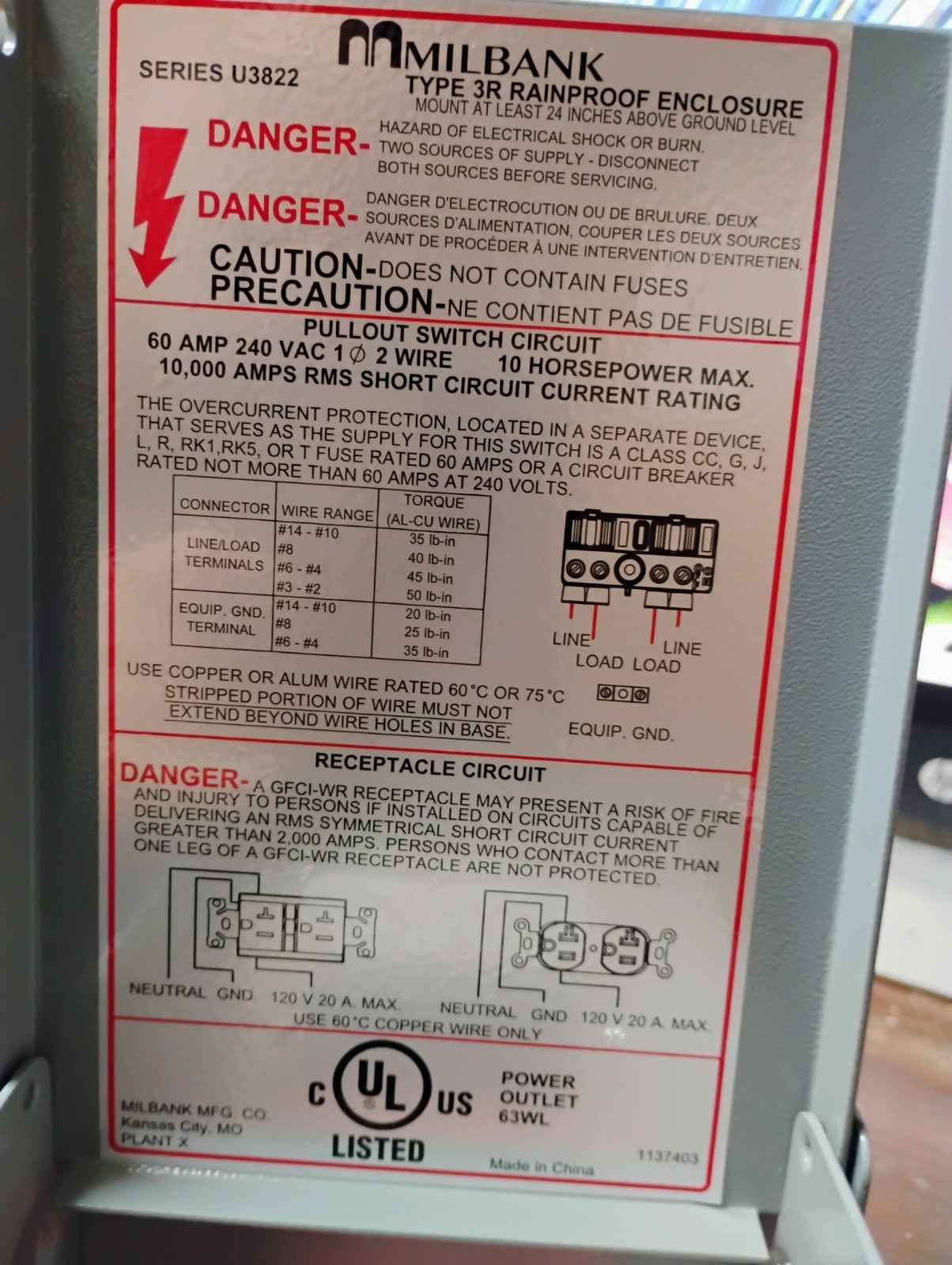 MILBANK U3822-20GWR PULL-OUT DISCONNECT SWITCH 60 AMP 2-POLE NON-FUSED NEW