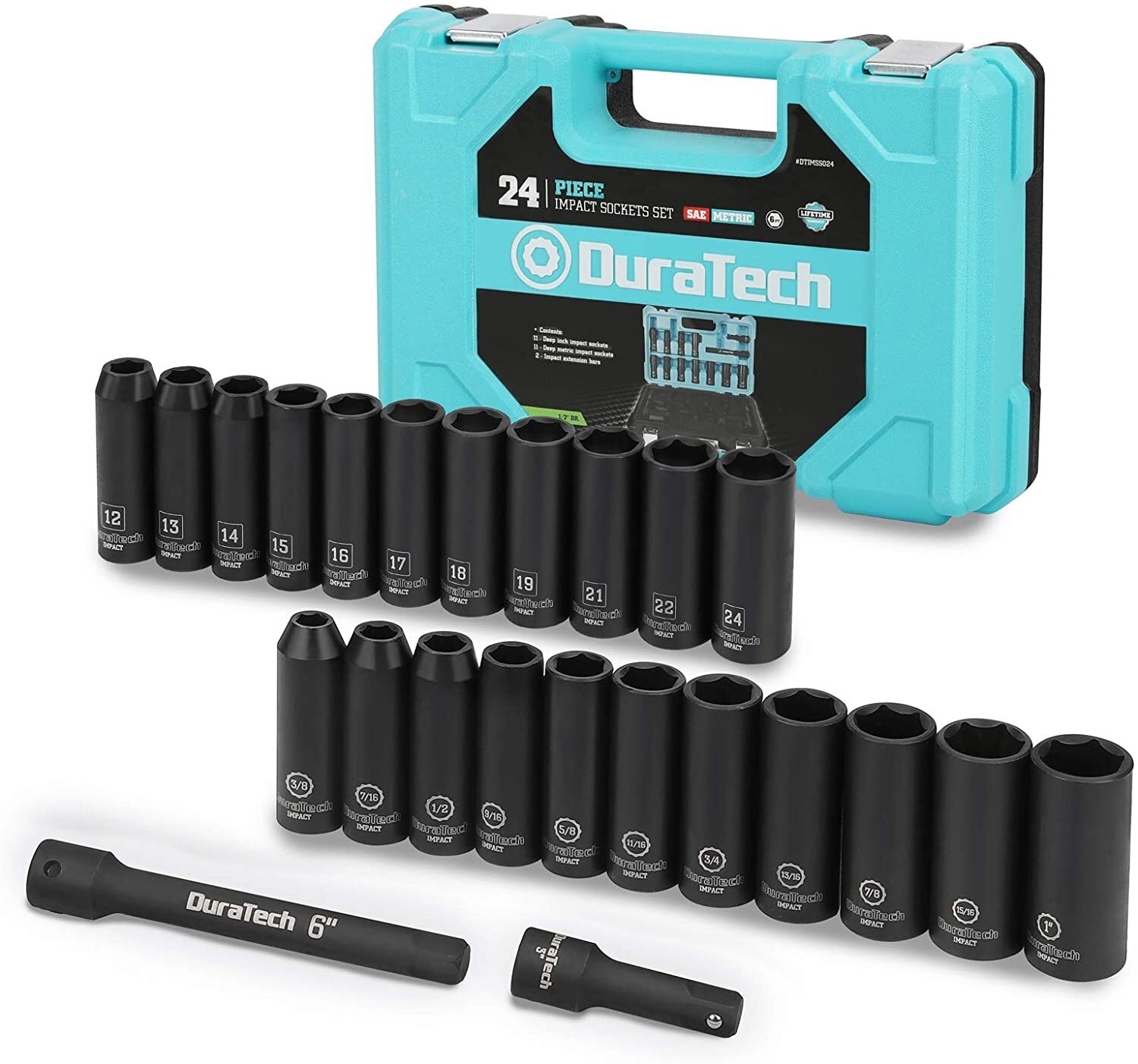 DURATECH 24PC Impact Socket Set 1/2″ Dr Deep Impact Socket Set Metric SAE w/Case