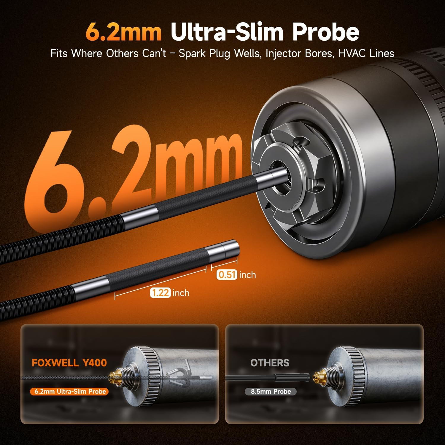 Y400 Ultra-Slim Borescope with Light, 220° Articulation, 5.3FT Inspection Camera