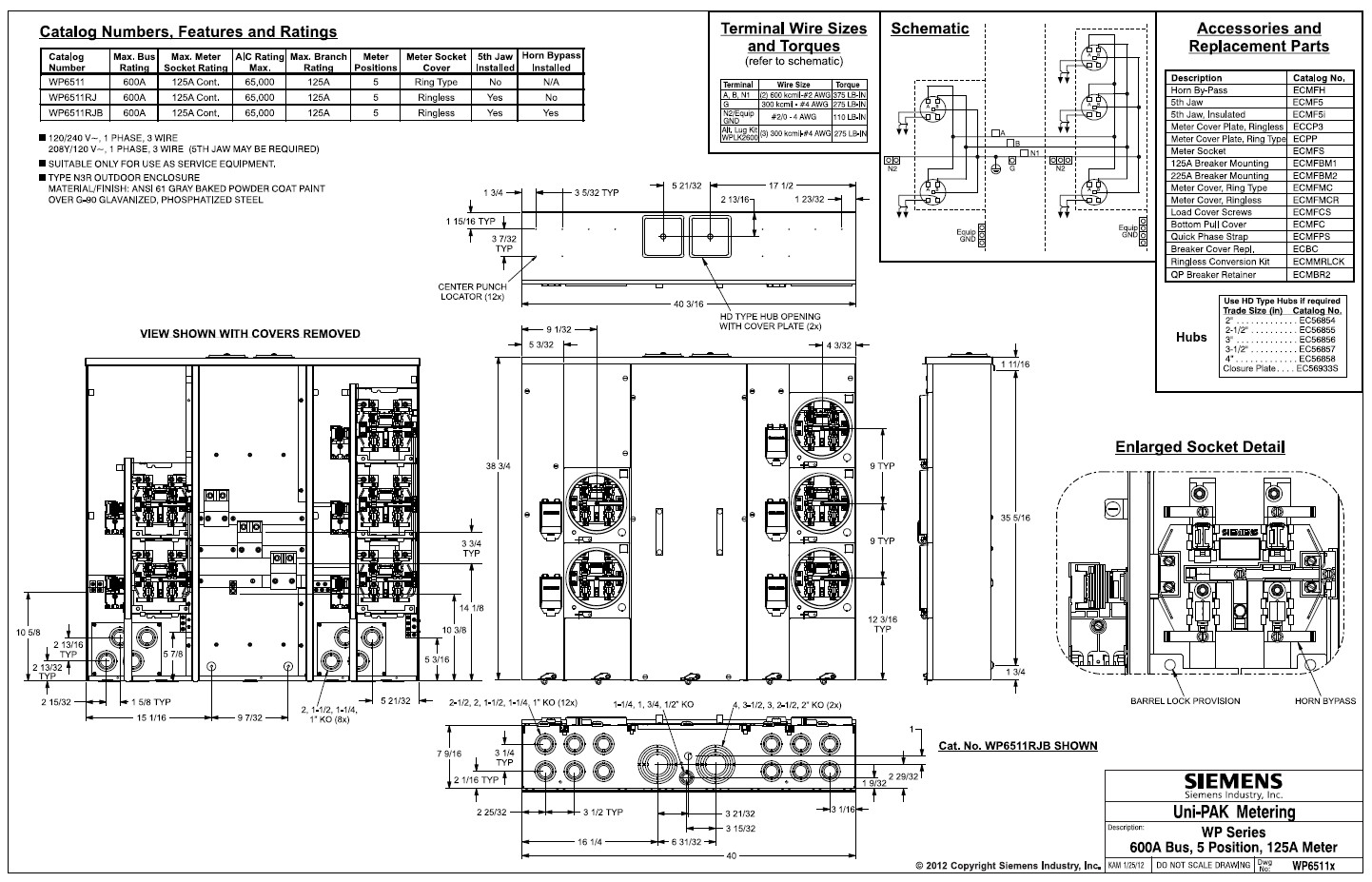 Siemens WP6511RJB 5-Gang 600A 125 Amp Sockets Ringless Horn Bypass UNI-PAK Meter