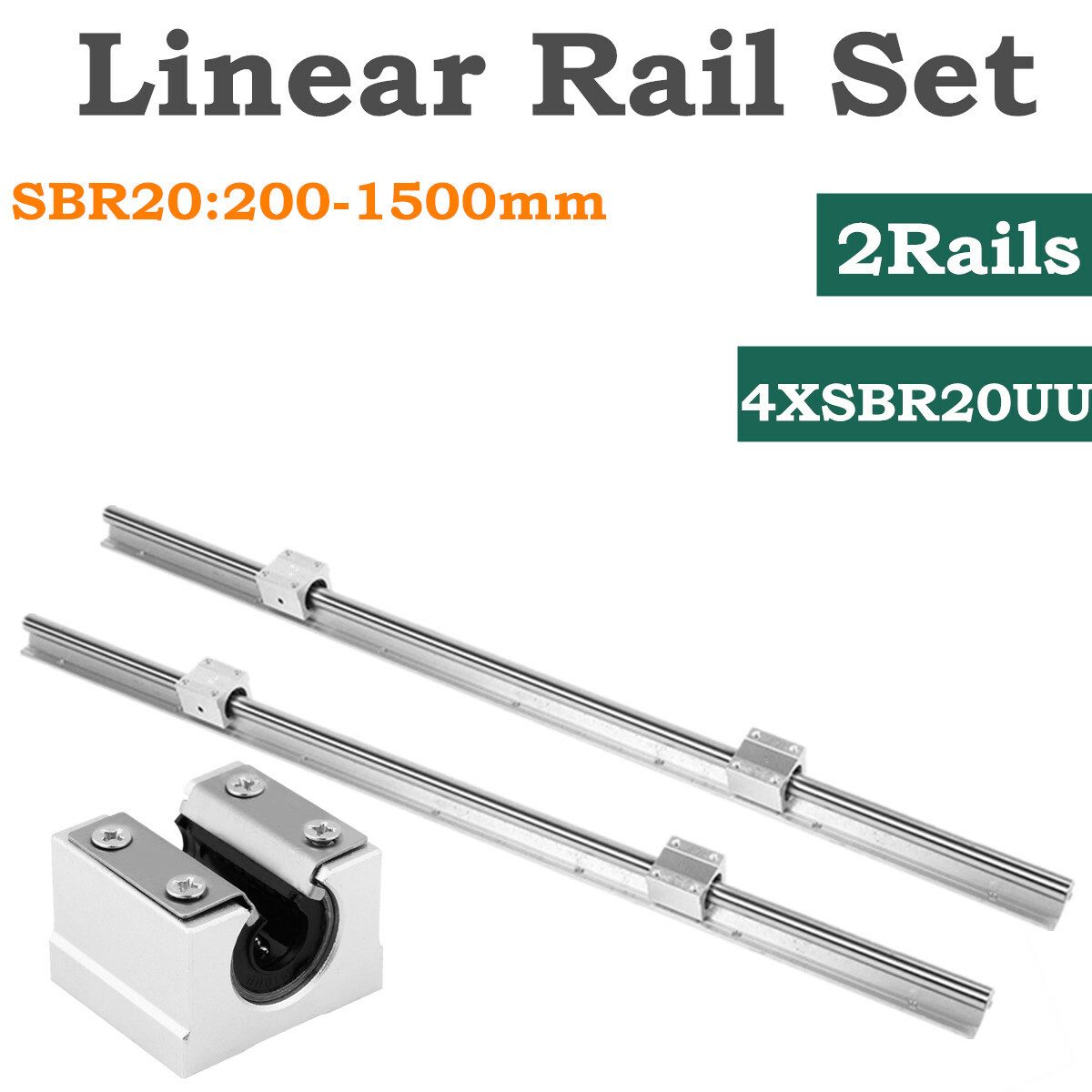 2Pcs SBR20 L200-1500mm Linear Rail Guide Shaft Rod & 4Pcs SBR20UU Block Bearing