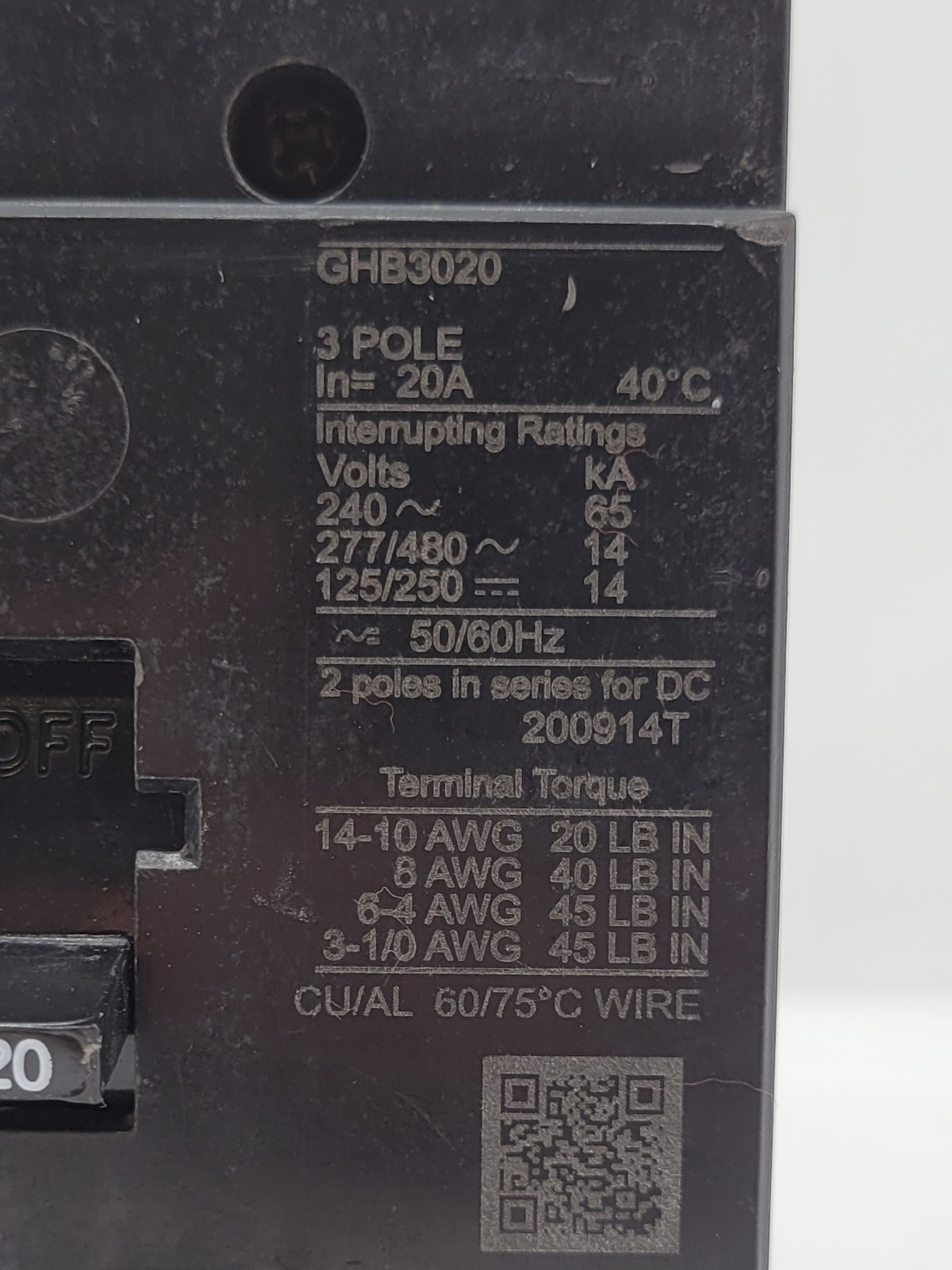 Eaton GHB3020 Bolt-On Circuit Breaker 20A 3P 480/277V 14KA GHB