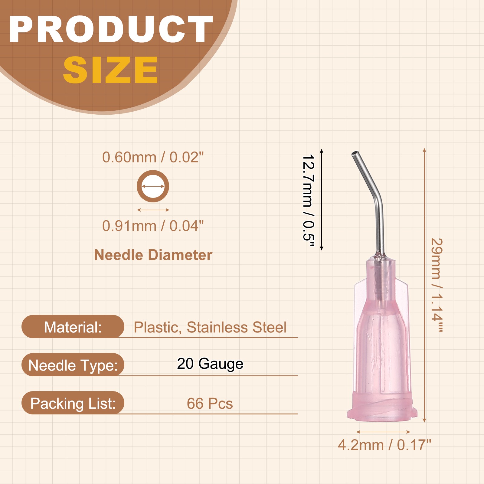 66Pcs 0.5Inch 20Ga 45° Angled Dispensing Needles, Pink