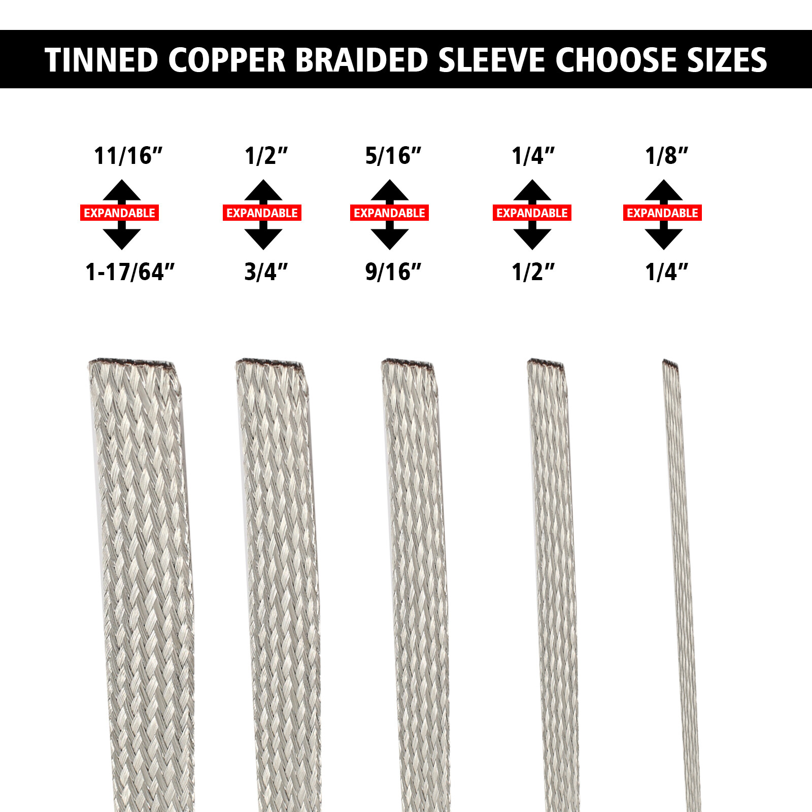 Tinned Copper Braid Ground Strap Metal Cable Wrap Sleeve Mesh Wire Shielding Lot