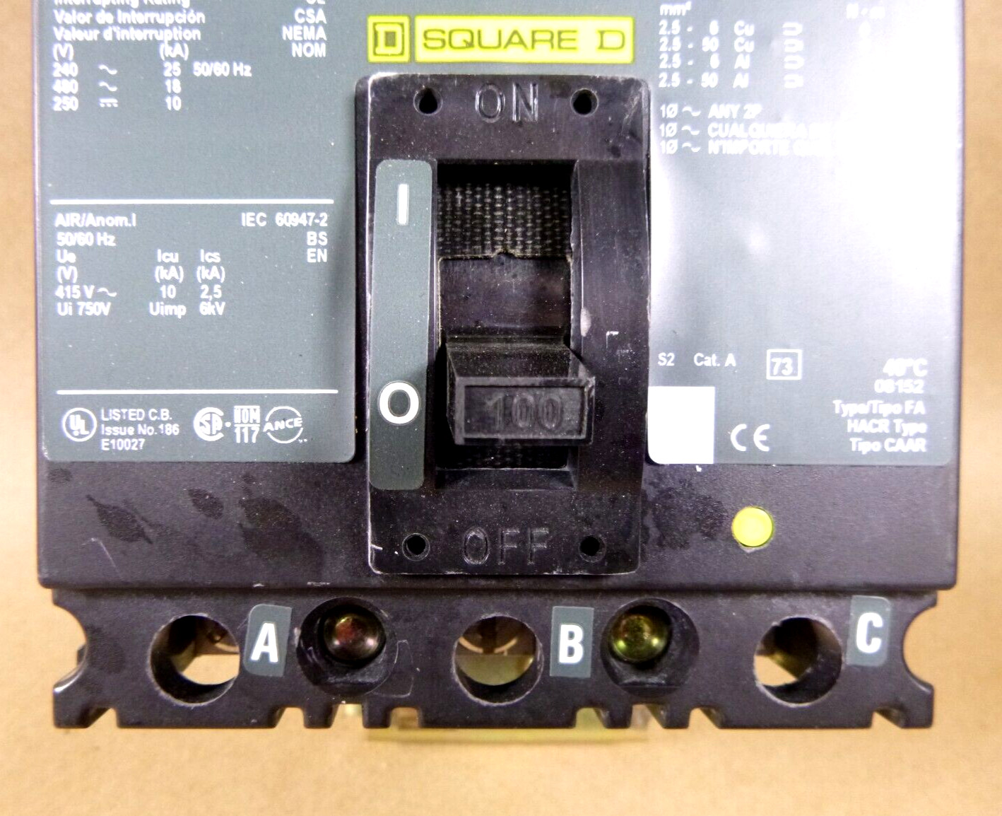 New Square D FA34100, I-Line Plug-In Molded Case Circuit Breaker 100A 3P 480V