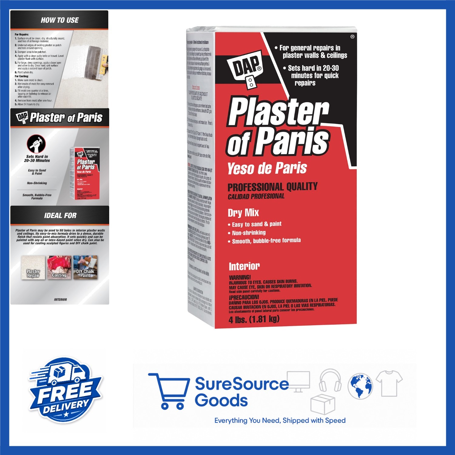 Plaster of Paris 4 Lb Box White Quick Setting for Interior Wall Repairs