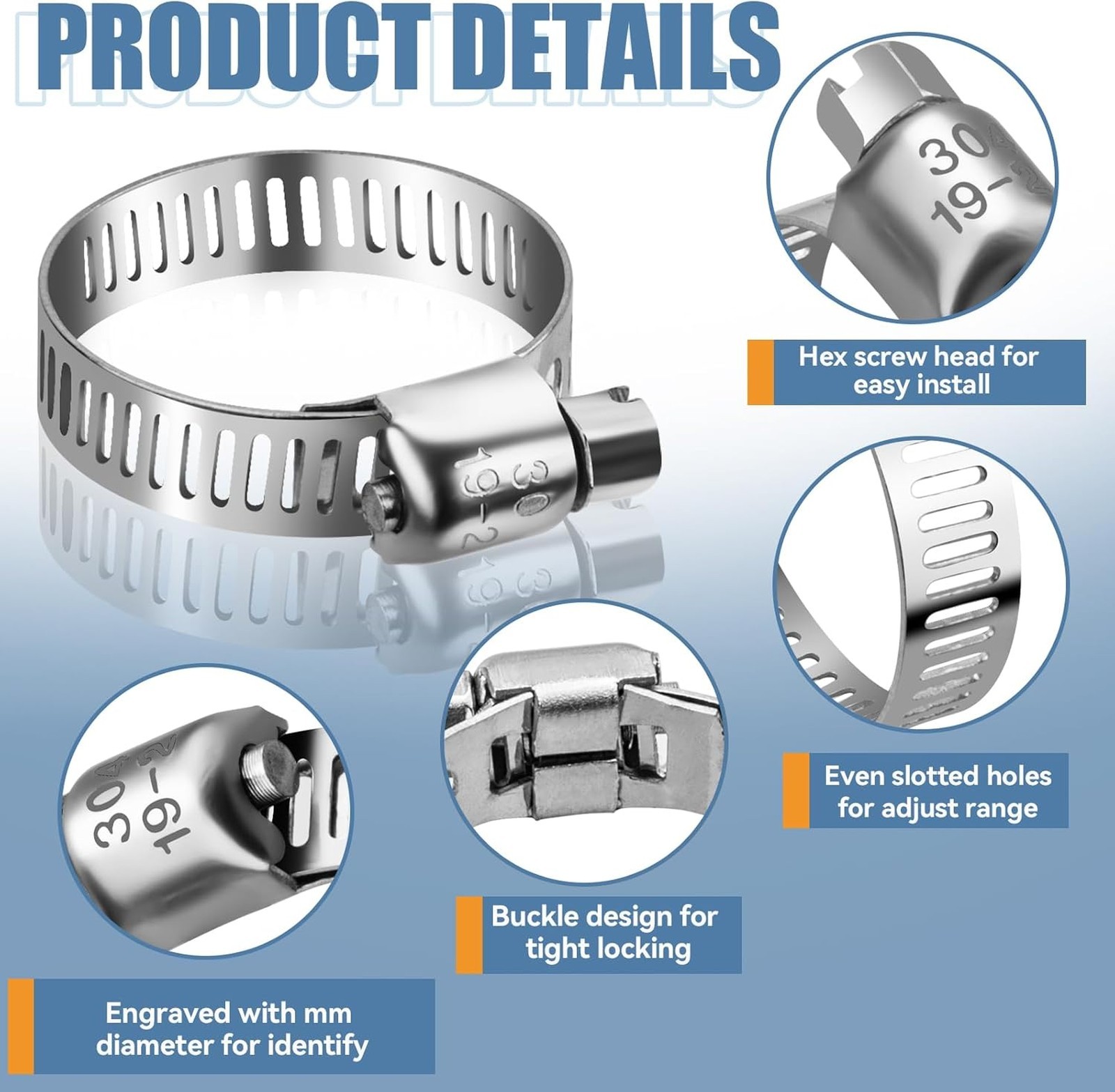 Hose Clamp Set, Stainless Steel, 15 Pieces, Adjustable 1/4 to 7/16 Inches
