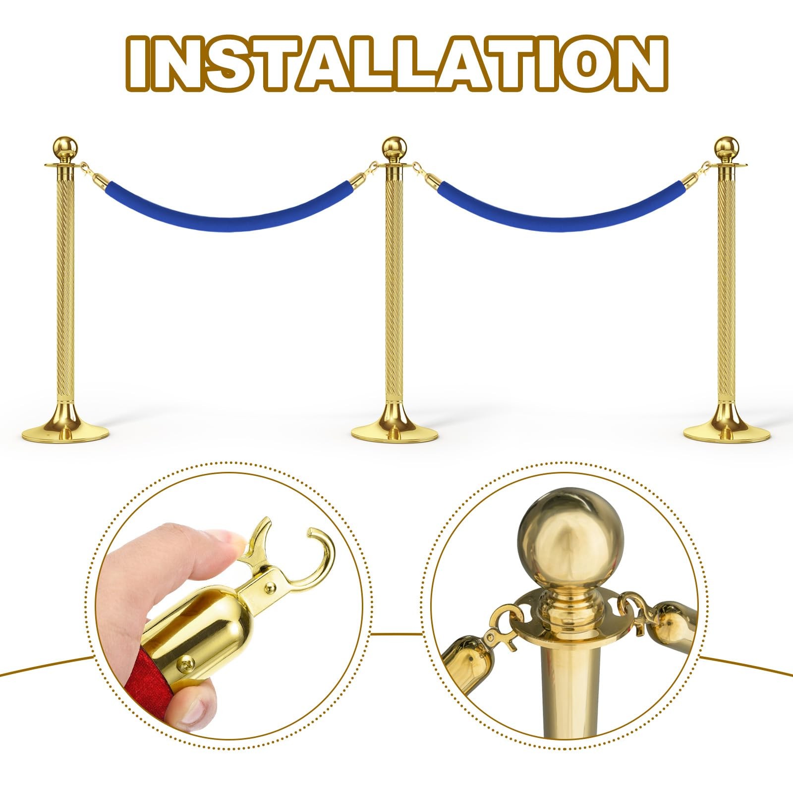 2 Pack Velvet Stanchion Rope 6.6 Ft 2 M Blue Golden Snap Hooks Crowd Control