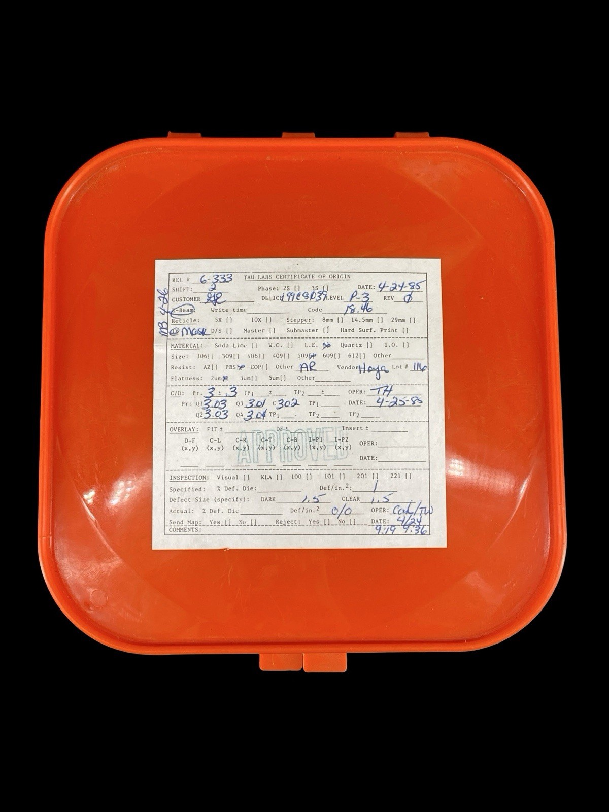 General Eletric GE Semiconductor Photomask Reticle Tau Labs Certificate
