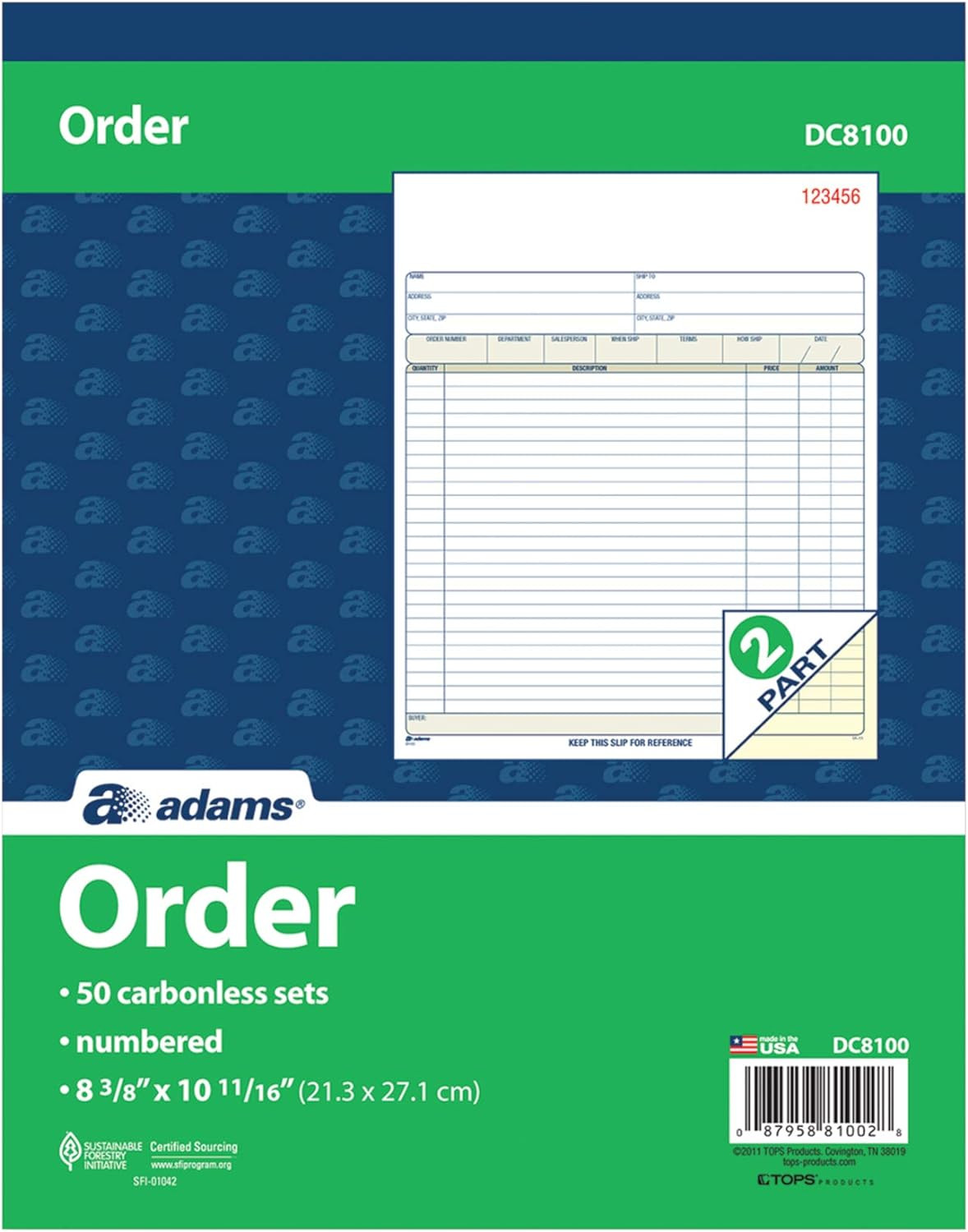 Adams Order Book, 2-Part, Carbonless, White/Canary, 8-3/8 x 10-11/16 Inches, 50