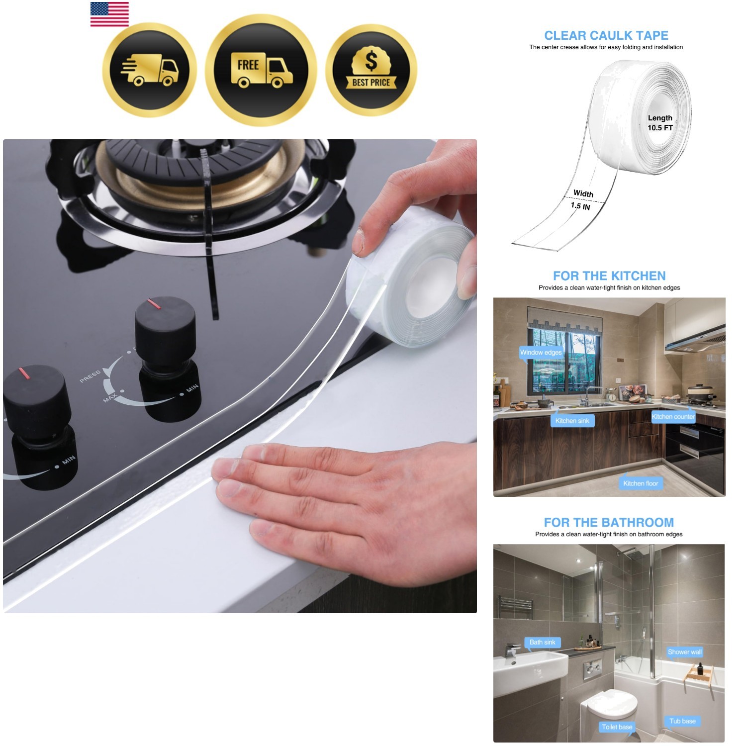 Clear Caulk Tape Self Adhesive Waterproof, Transparent Kitchen and Wall Seali…