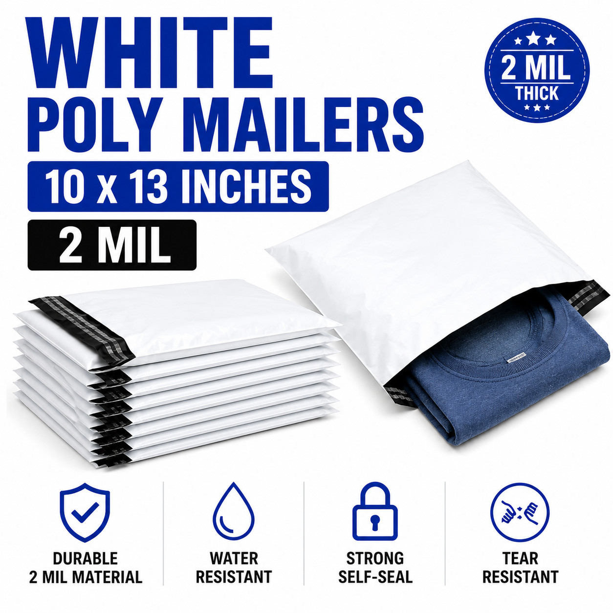 10×13 Poly Mailers 2 Mil White Shipping Bags Self Seal Waterproof Bulk Packs