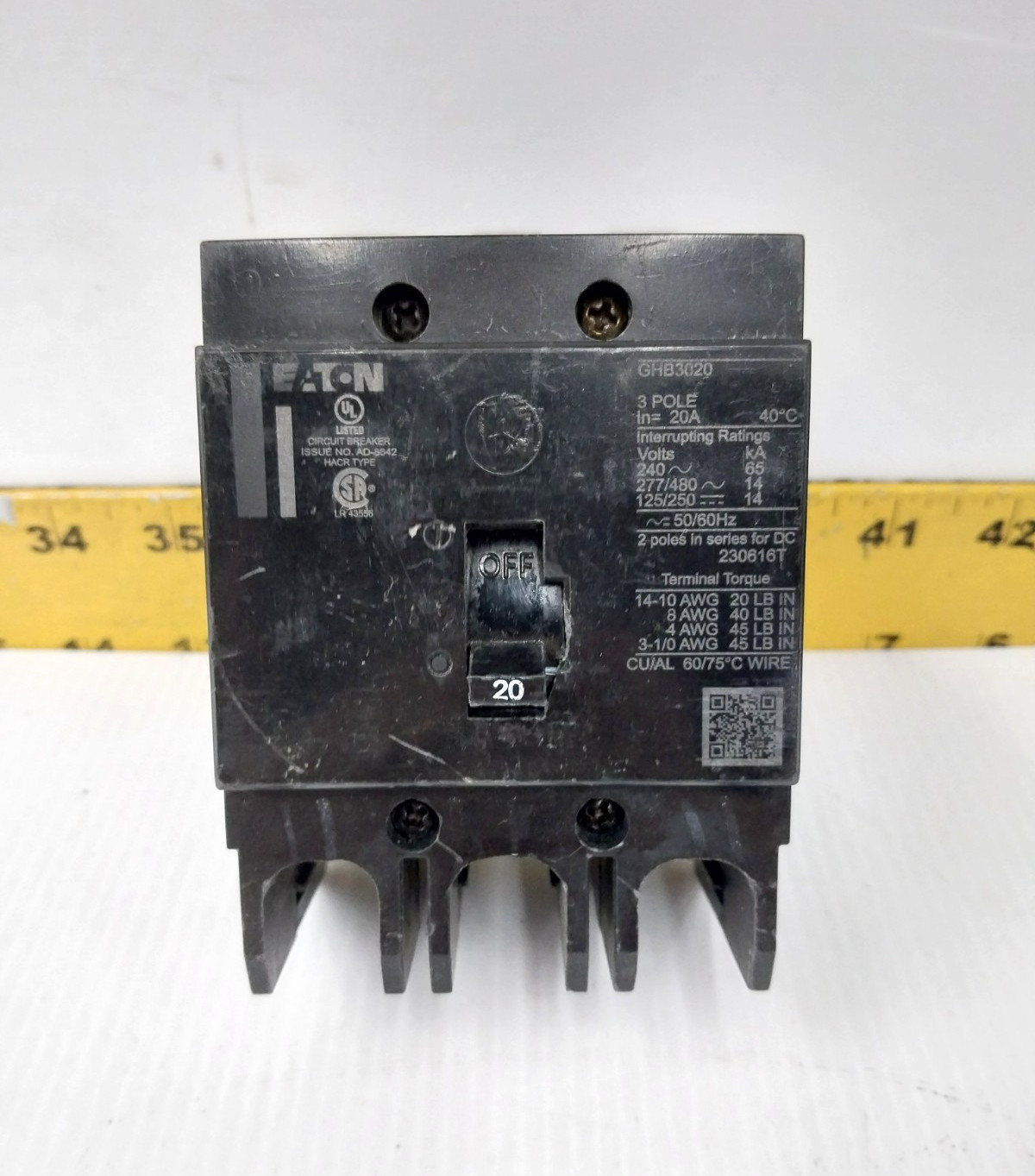 Eaton 20 Amp Bolt-On Circuit Breaker 277/480 VAC 3 Pole GHB3020 (Flaw)