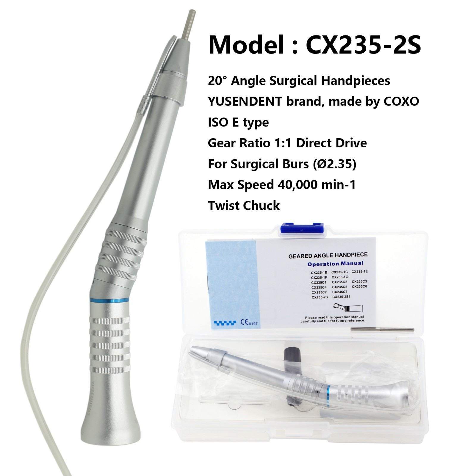 COXO 1:1 Dental Handpiece Surgical Straight Nose 20° Angle Fiber Optic LED CX235