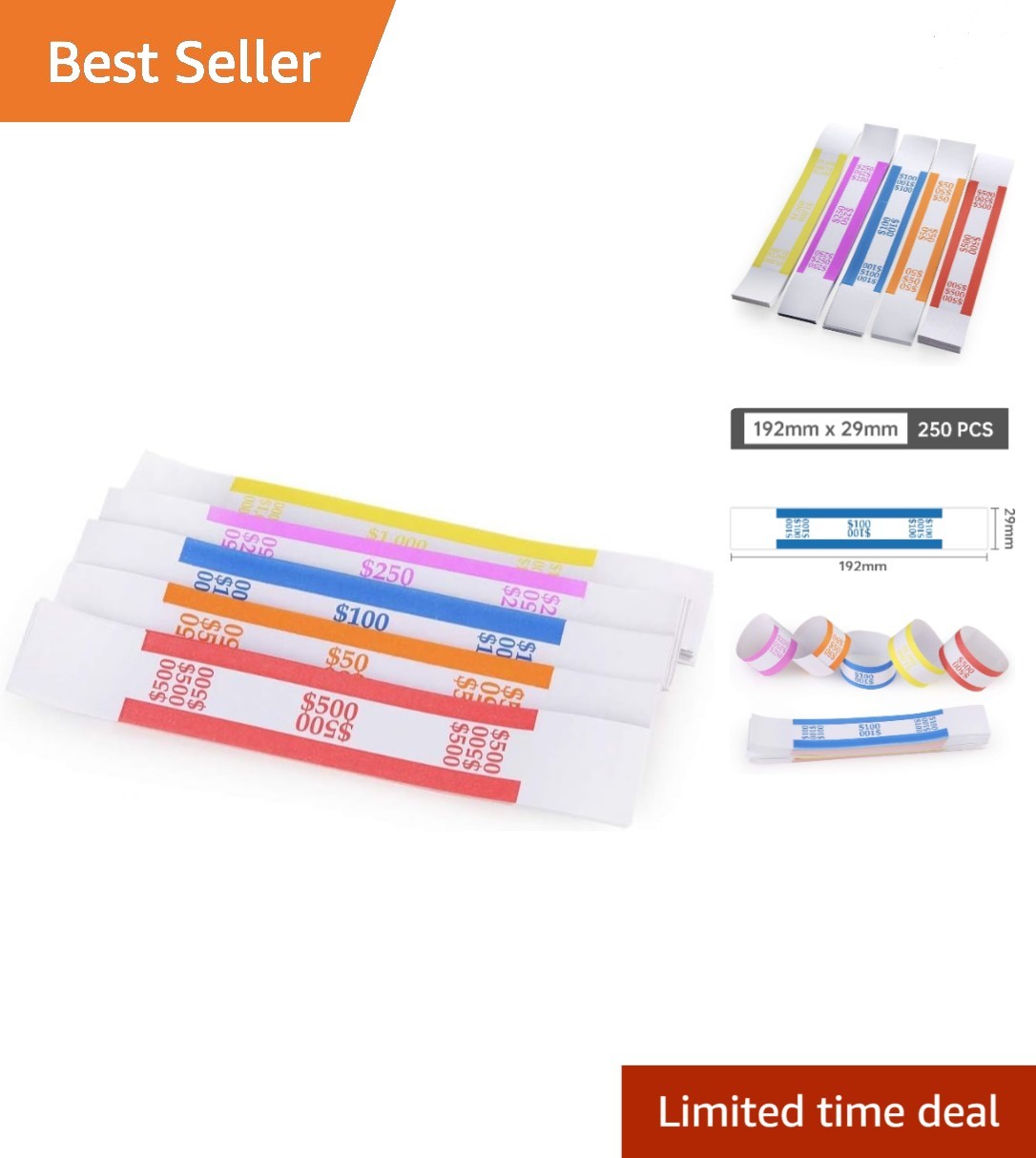 250 Assorted Currency Strap Packs – Self-Adhesive Money Wrappers for Efficiency