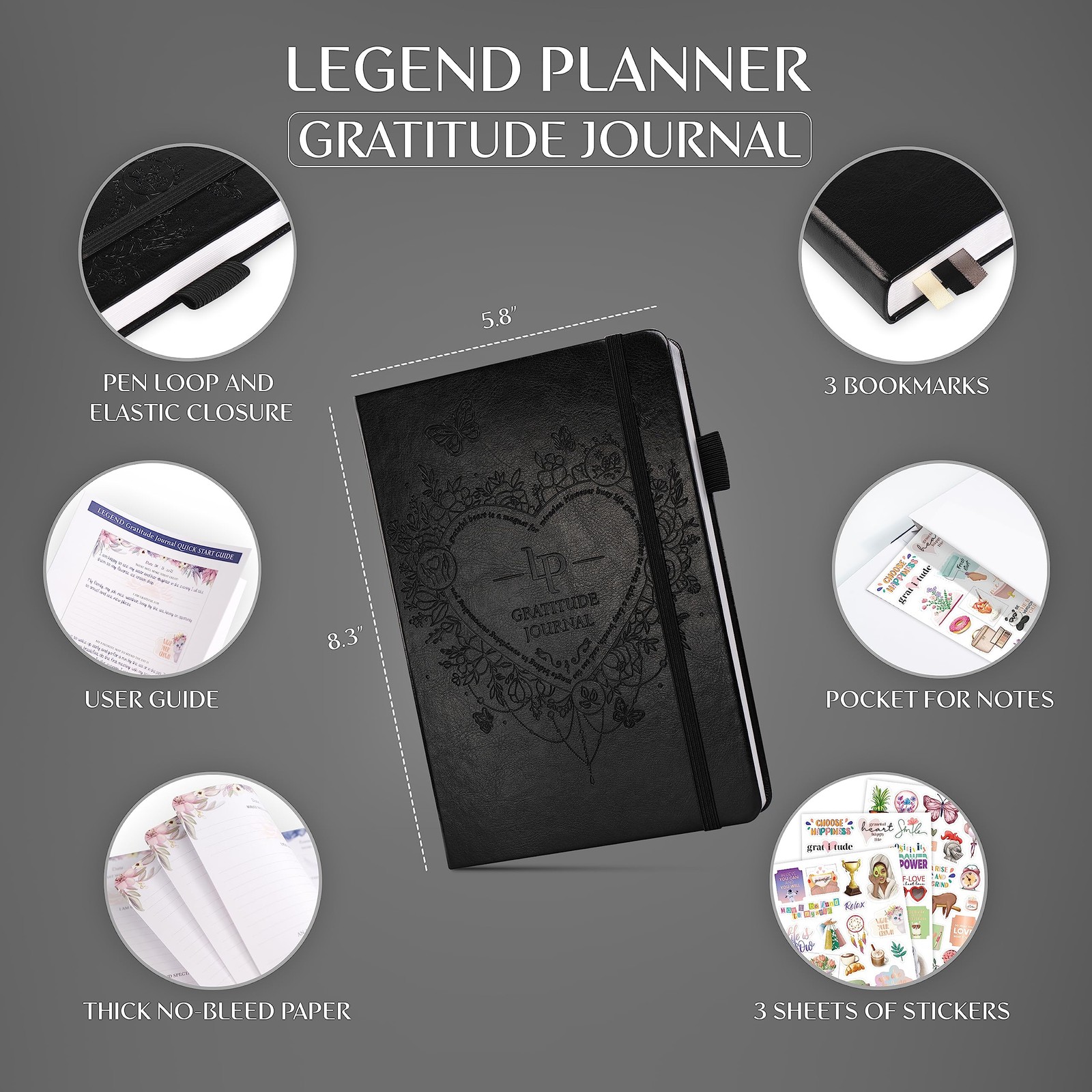 Legend Gratitude Journal – Guided Daily A5 (5.8” x 8.3”), Black debossed