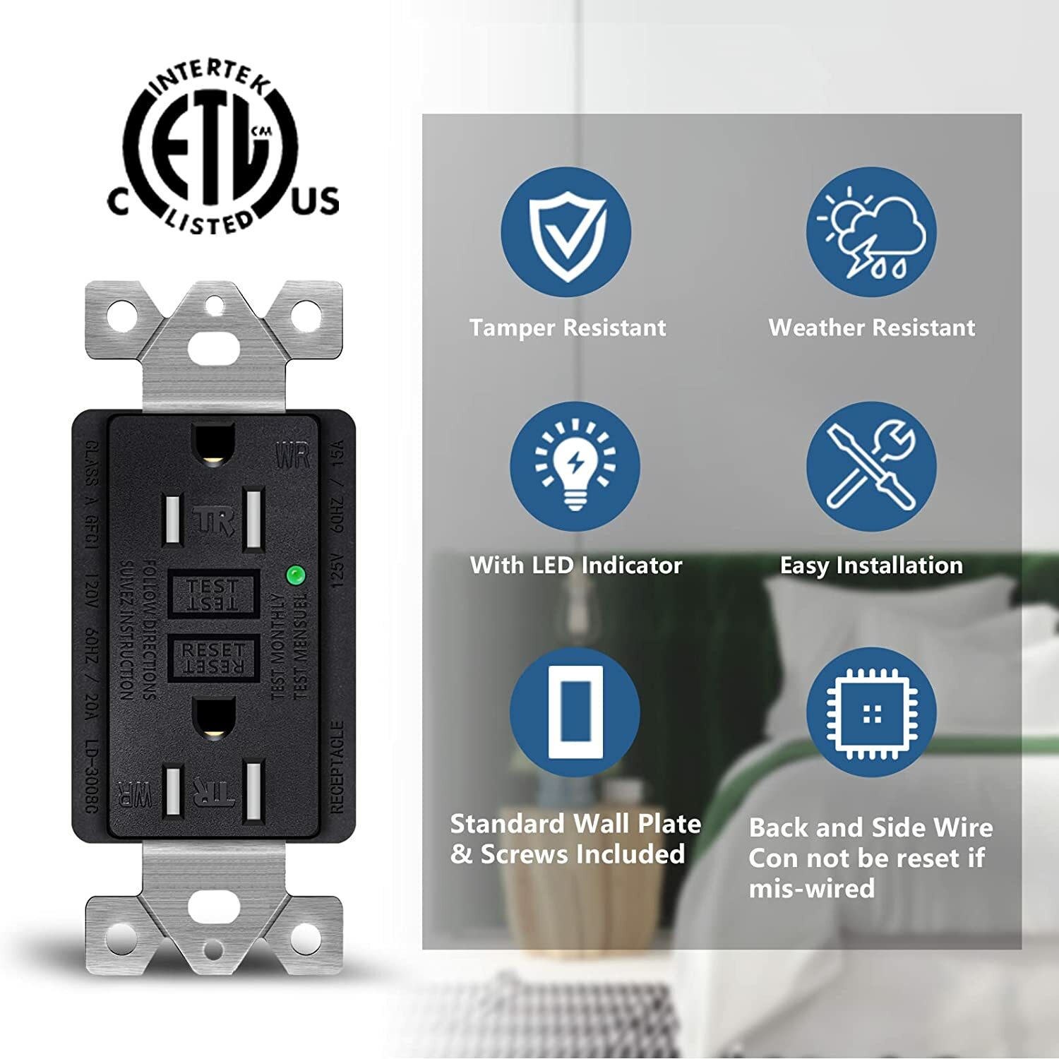 GFCI Outlet 20 Amp duplex Receptacles TR WR with Decor Wall Plates Black 3 Pack