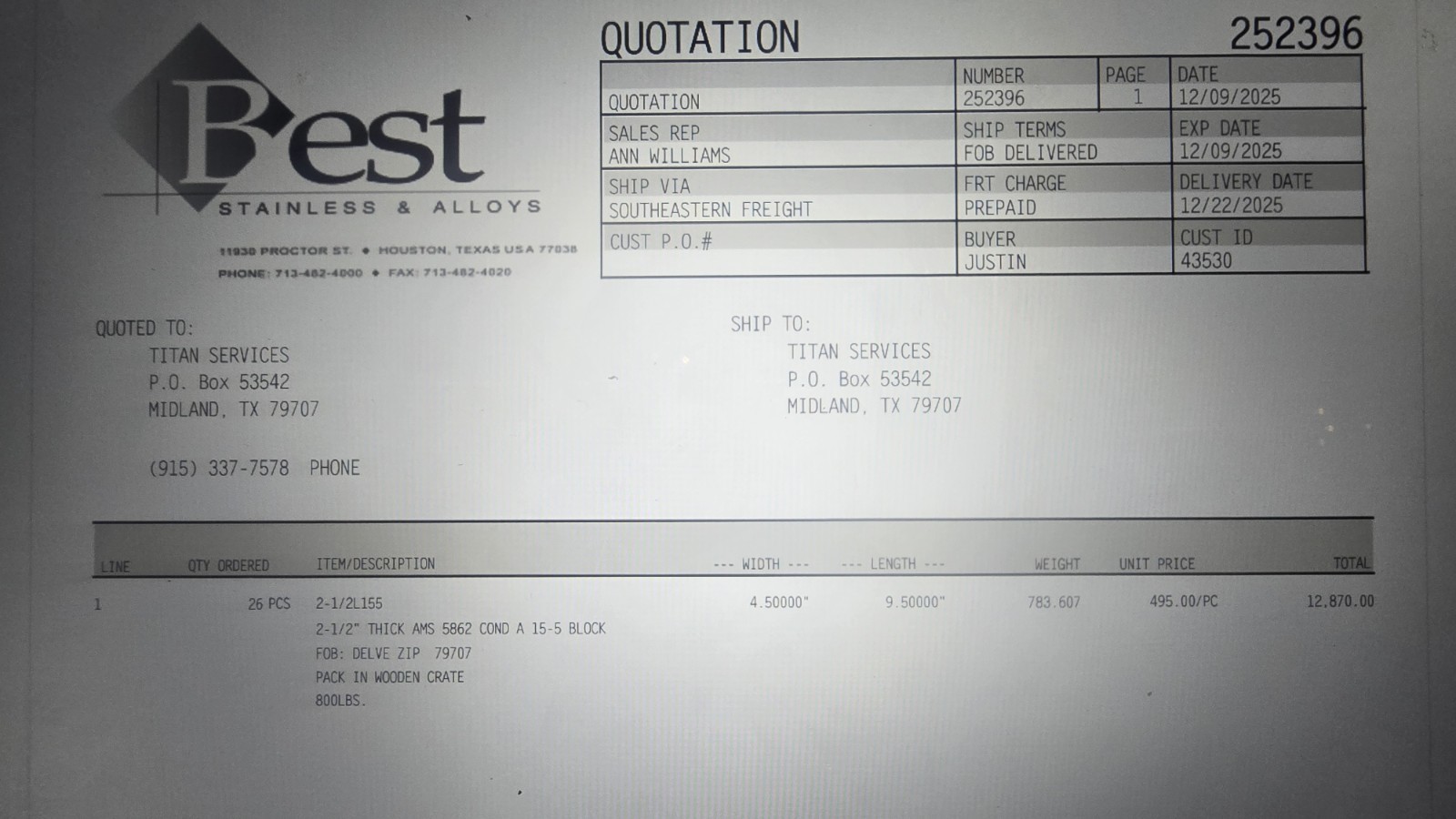 (26) 2.5″ X 4.5″ X 9.5″ SS 15-5. With Certs , Provenance& BAC4839 Class A SPECS