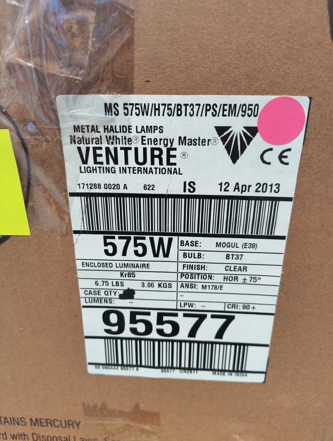 Venture Lighting 95577 Metal Halide 575W BT37 E39 Base 50K MS575W/H75/BT37/PS/50