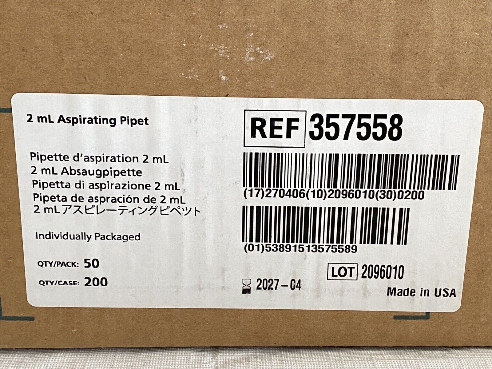 (200/Cs) CORNING FALCON 2mL PS Aspirating Pipettes Pipets Individual Wrap 357558